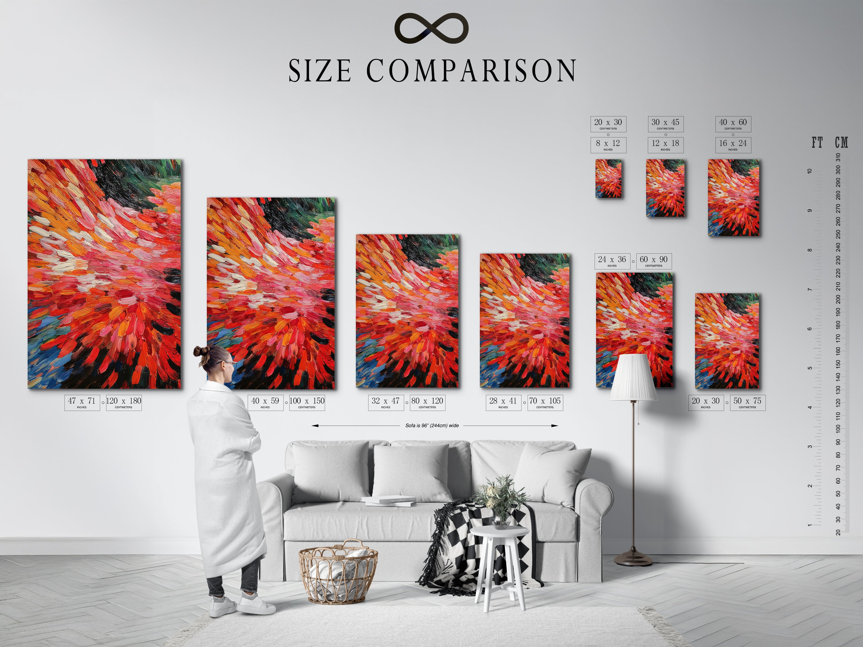 A size comparison chart is displayed in an interior setting. This chart helps visualize the abstract burst artwork in different sizes. The vibrant red and orange tones make it a bold statement. This modern art is perfect for any space from living rooms to offices.