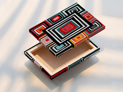 A stretched canvas print of Geometric Squares. This retro colorful wall art enhances any room. The modern abstract artwork is ready to hang. Perfect for adding a bold graphic print to your home decor. Its vibrant colors are eye-catching.