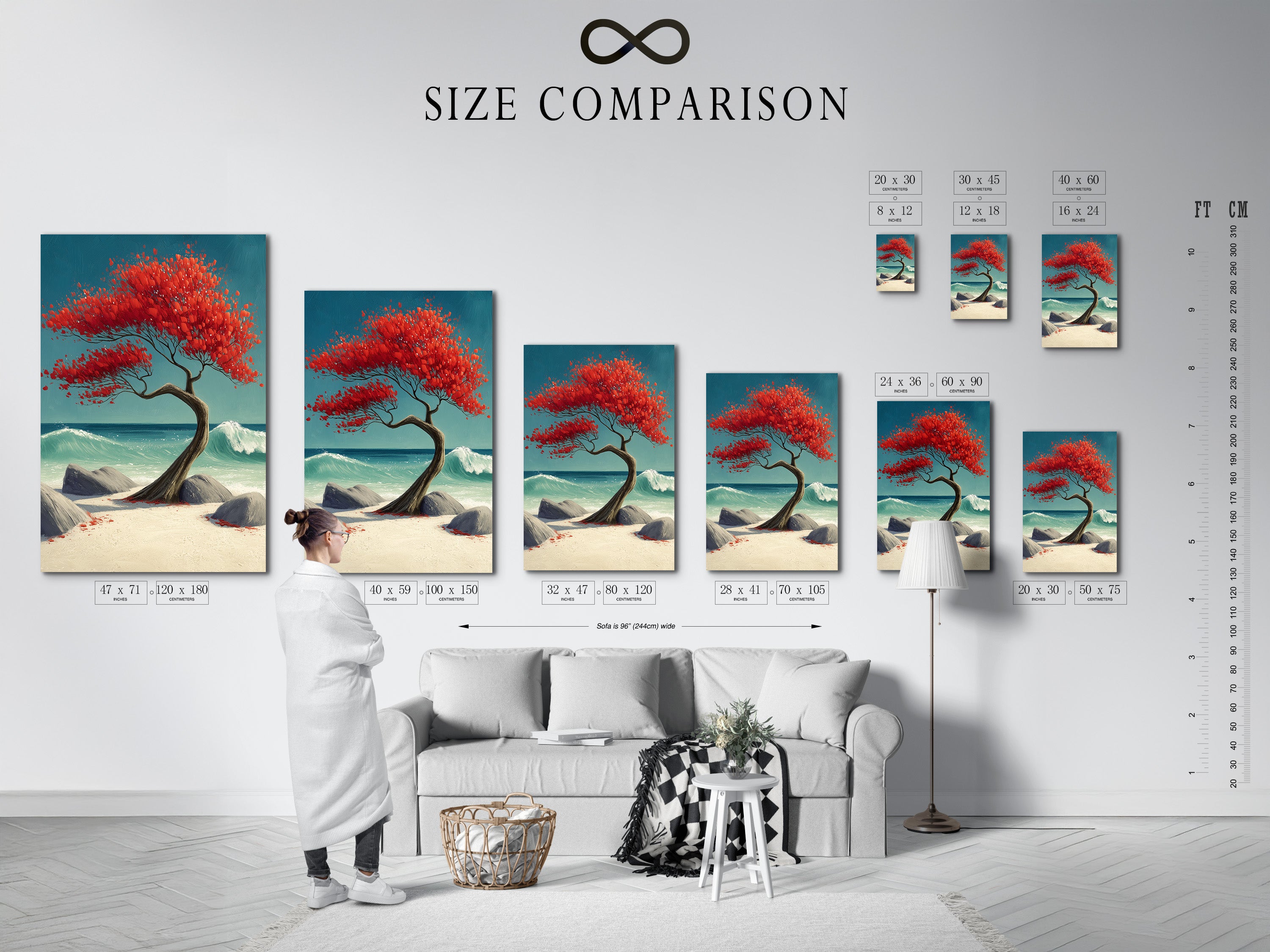 Size comparison chart in an interior setting. It shows how the coastal tree canvas print will look in different sizes. Visualize the impact of this red tree art in your space. A perfect addition to your coastal home.