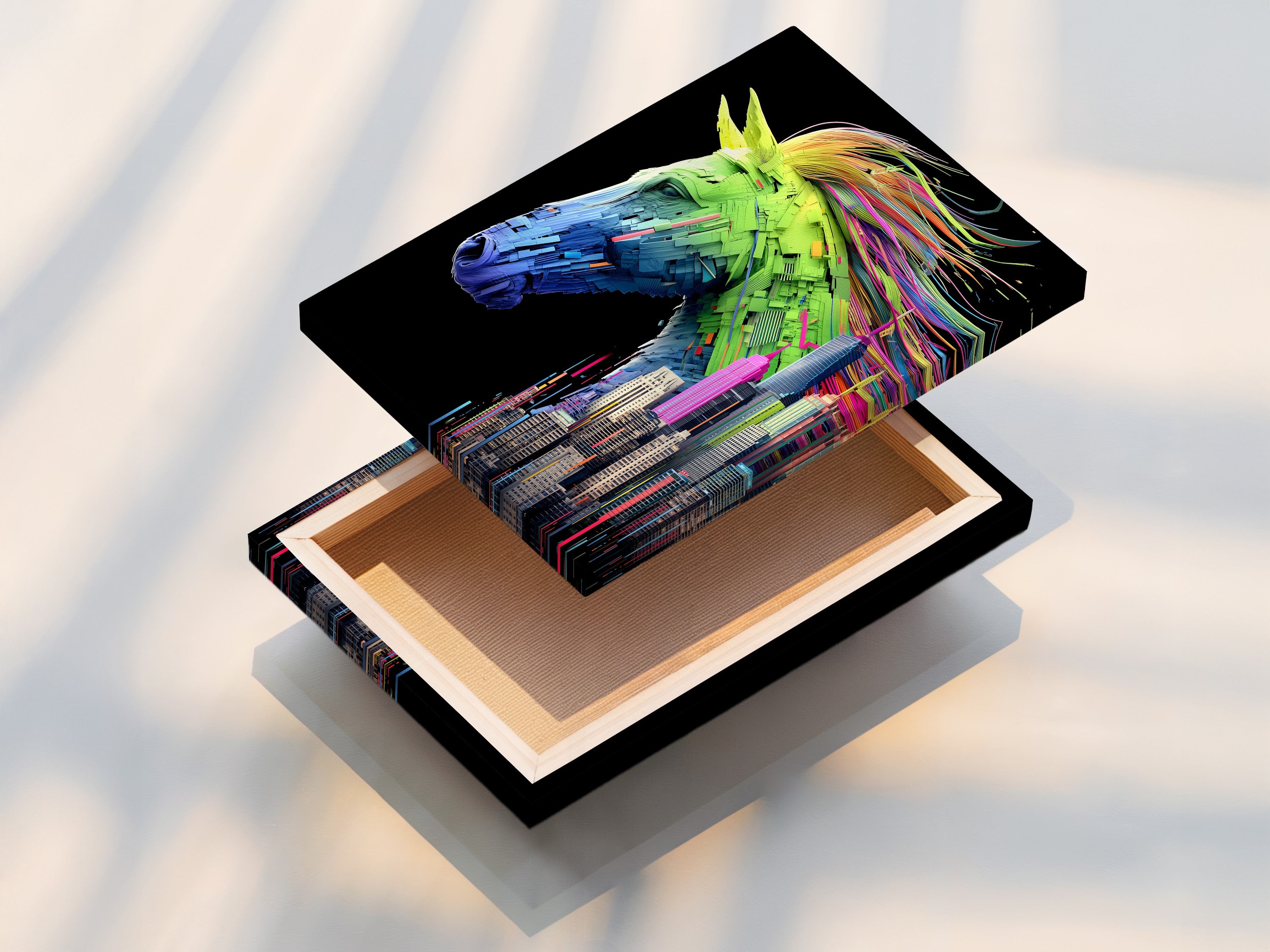 This stretched canvas print features a captivating horse. The cityscape artwork is ready to hang. The modern animal canvas adds style to any space. Perfect for living rooms or office decor.