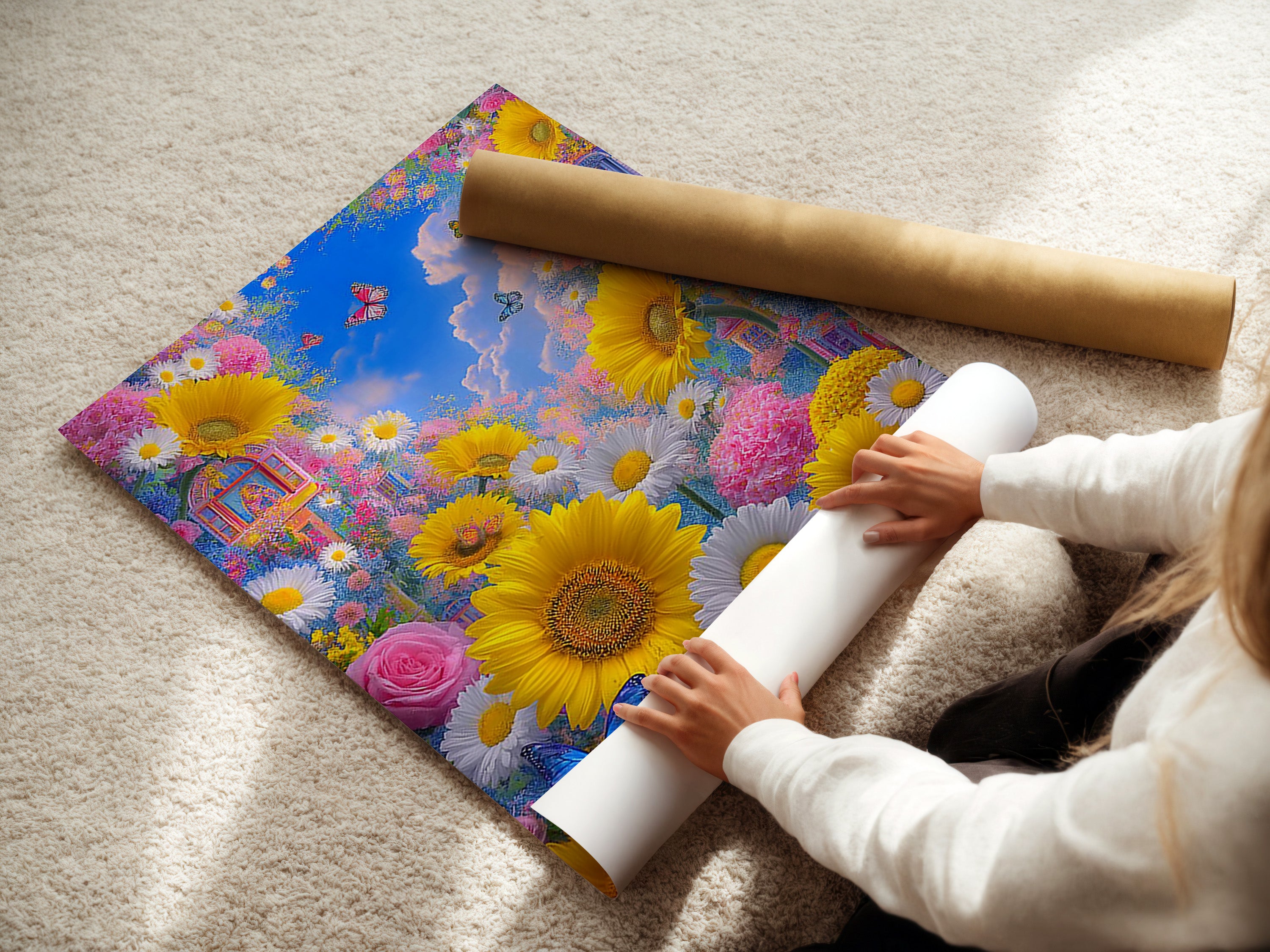 A woman rolling a fine art poster paper of Sunflower Garden. It is a butterfly floral artwork. This colorful botanical poster is perfect for bedroom wall decor. Bring summer flowers art into your home. Ideal for nature enthusiasts and interior decorators.