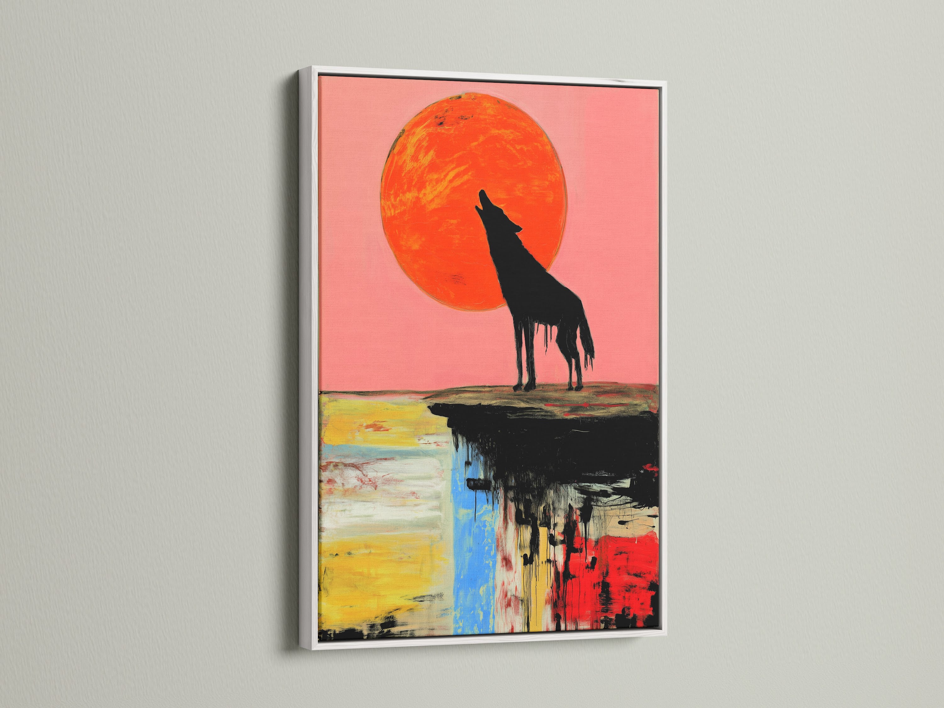 A white frame highlights the beauty of the Wolf Moon Canvas Art. This abstract wildlife print features a striking wolf silhouette. The colorful sunset artwork brings a contemporary feel. See how a white frame can brighten up your bedroom decor. This vibrant art print is a great addition to any space.