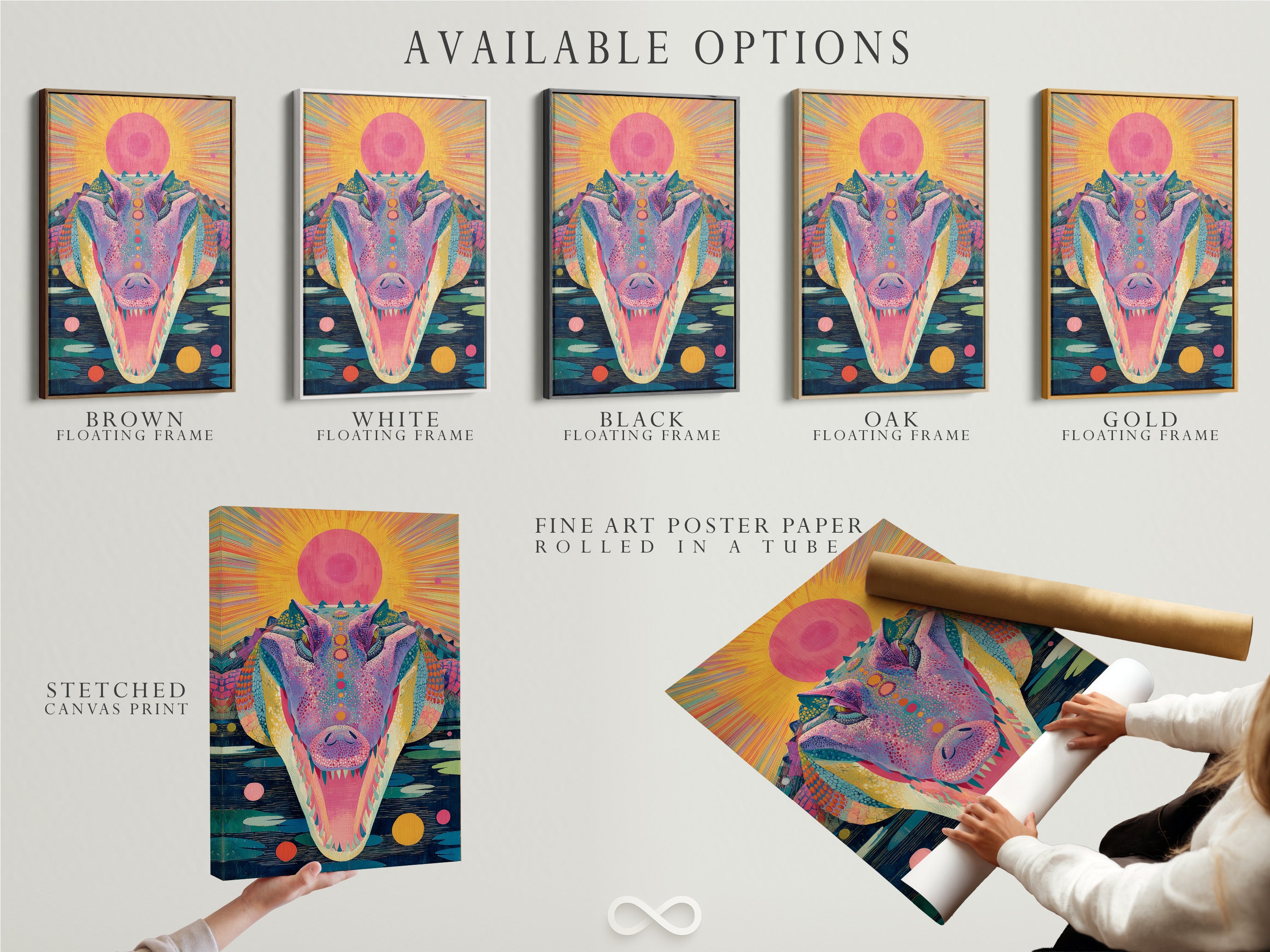 Available options are showcased including a stretched canvas print. Also featured are fine art poster paper and a floating frame. The psychedelic crocodile artwork is versatile. Choose the perfect format for your home decor. The colorful trippy artwork adds a funky touch.