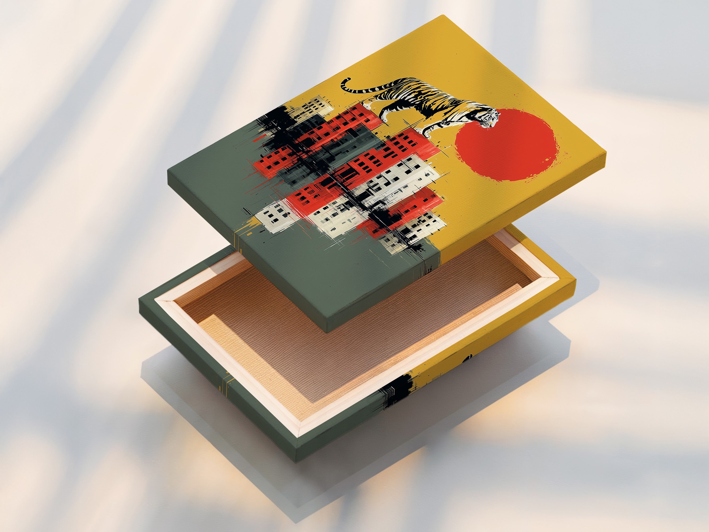 A stretched canvas print of the Tiger City artwork is displayed. The stretched canvas print offers a gallery-ready look. The urban wildlife art is vibrant and captivating. Perfect for modern wall decor and office wall decor. Transform your space with this contemporary canvas print. Enjoy the beauty of surreal art.