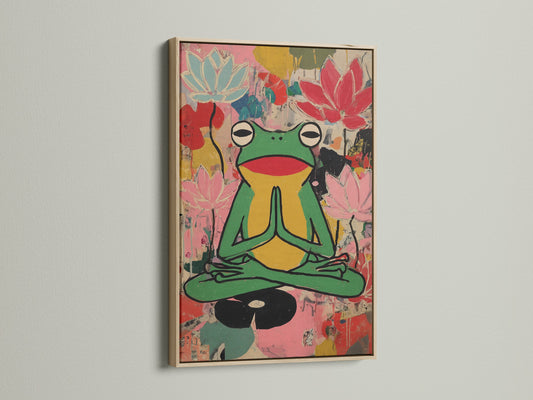 Zen Frog Canvas artwork in an oak frame. This meditation lotus wall art brings colorful yoga studio decor for mindfulness. It's perfect for wellness spaces and art lovers. The artwork complements eclectic boho contemporary styles