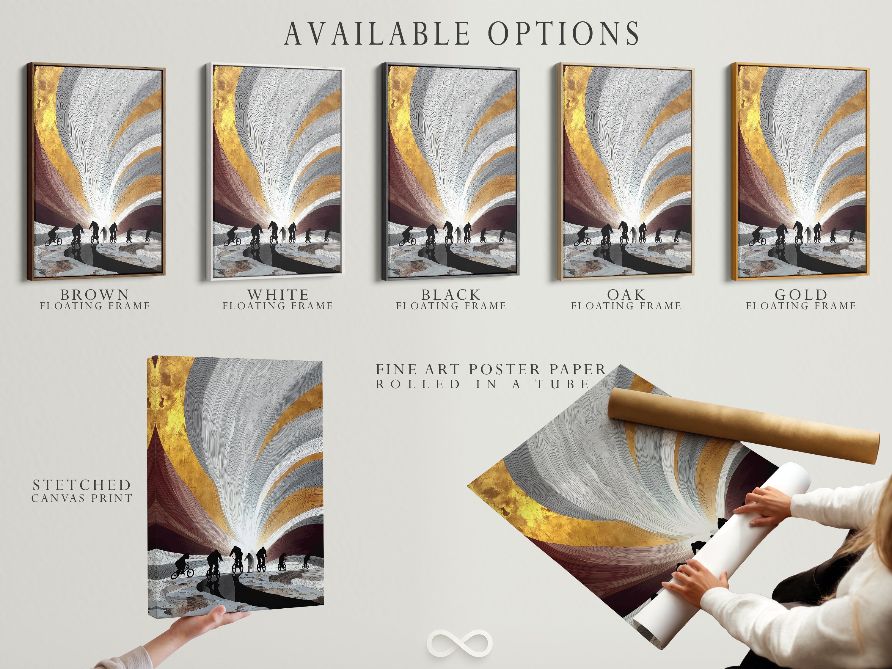 Available options for cyclist artwork. Choose from stretched canvas print fine art poster paper or floating frame. Customize your art to match your style and space. Find the perfect fit for your decor.