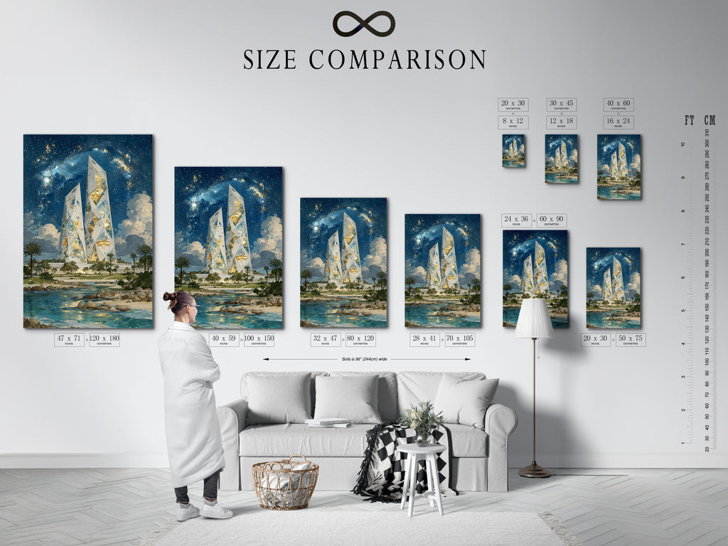 A size comparison chart in an interior setting shows the Crystal Tower artwork. Different sizes are available to fit your space. Choose the perfect size for your living room bedroom or office. This chart helps visualize the art in your home.