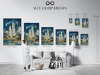 A size comparison chart in an interior setting shows the Crystal Tower artwork. Different sizes are available to fit your space. Choose the perfect size for your living room bedroom or office. This chart helps visualize the art in your home.