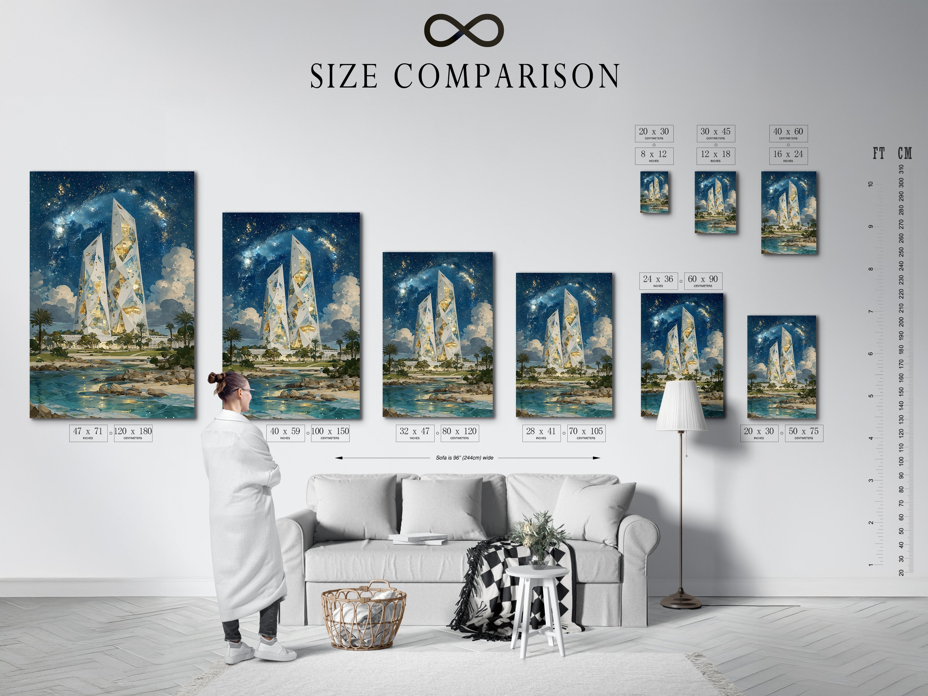 A size comparison chart in an interior setting shows the Crystal Tower artwork. Different sizes are available to fit your space. Choose the perfect size for your living room bedroom or office. This chart helps visualize the art in your home.