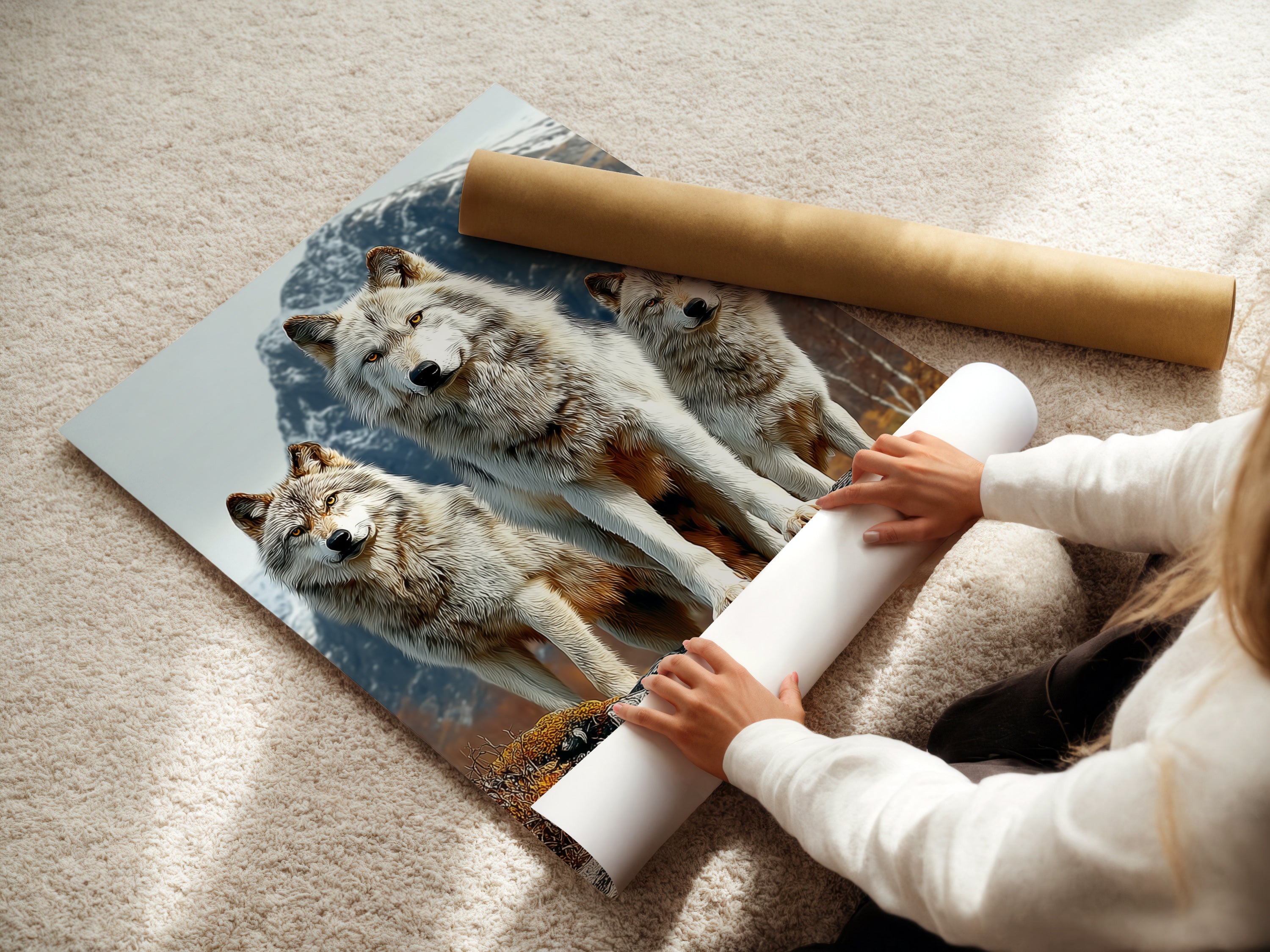 A woman is carefully rolling a fine art poster paper. She is preparing the wolf art print for display. The fine art paper enhances the details and colors of the wildlife print. Perfect for creating high-quality wall decor. This mountain landscape artwork is ideal for nature enthusiasts. The wolf pack artwork brings the beauty of the wild into your home.