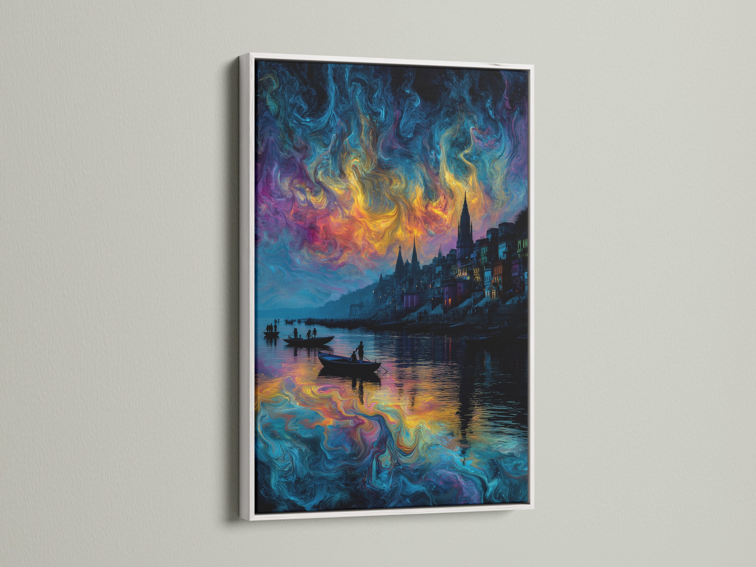 Abstract waterscape artwork with a white frame. This modern fantasy art is perfect for living room wall art. The surreal cityscape features a vibrant swirling sky. Shop the dreamscape print today.