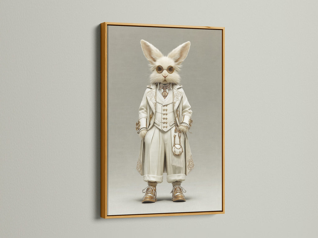 The Victorian Steampunk Rabbit artwork is presented in a gold frame. The gold frame enhances the artwork's vintage charm. This gentleman rabbit canvas print adds a touch of luxury. It's perfect for Victorian and eclectic styles. The gold frame complements the artwork's secondary color.