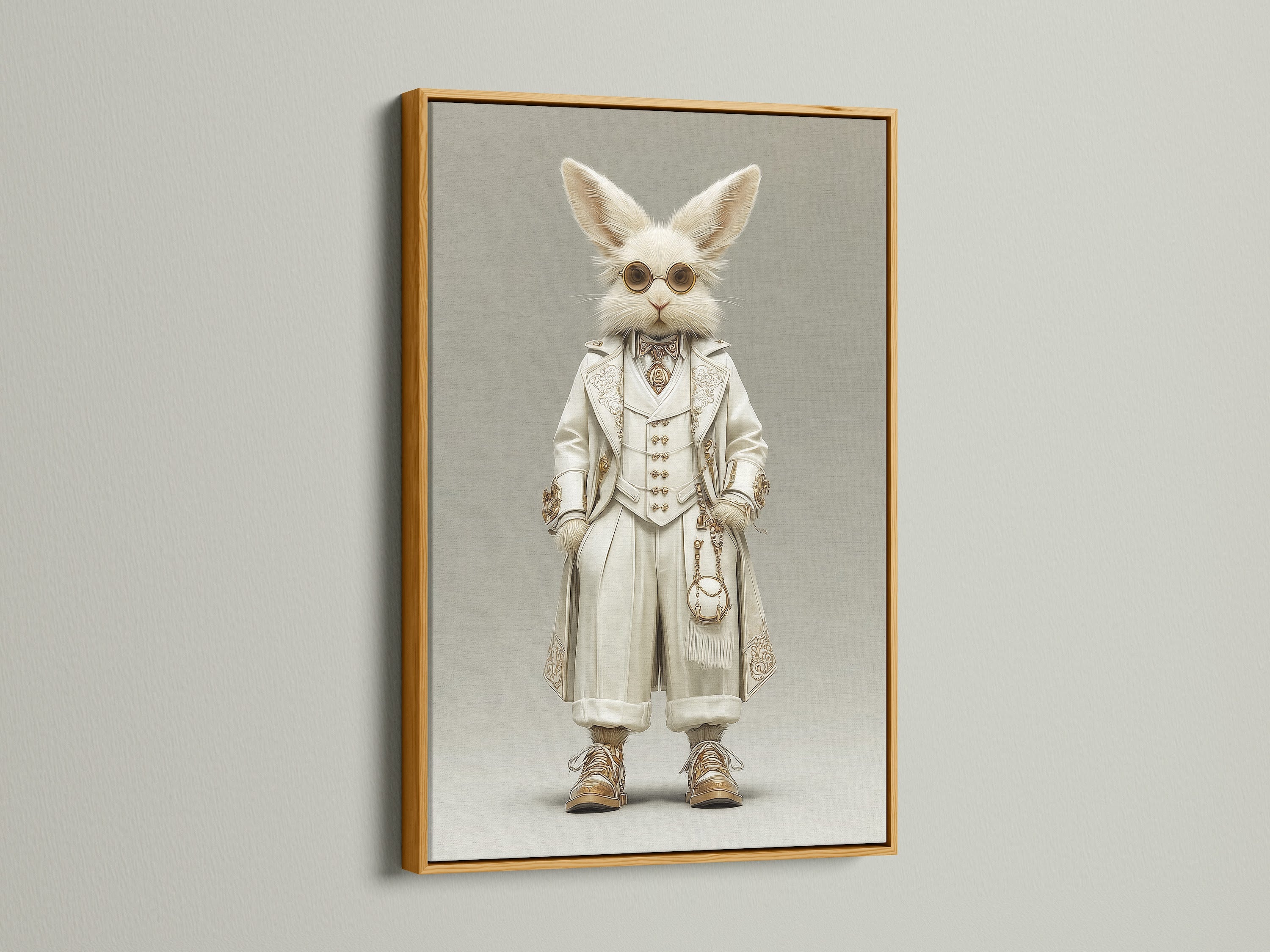 The Victorian Steampunk Rabbit artwork is presented in a gold frame. The gold frame enhances the artwork's vintage charm. This gentleman rabbit canvas print adds a touch of luxury. It's perfect for Victorian and eclectic styles. The gold frame complements the artwork's secondary color.