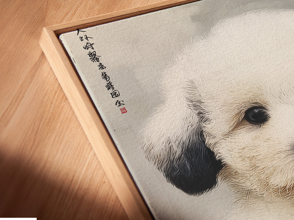 A close-up of a canvas print in a floating frame. This adorable puppy art enhances any space with its Japanese art style. Perfect for modern wall art for nurseries or kids' rooms. This cute puppy artwork is ideal for pet clinics and boutiques. Add this pet portrait print to your home today