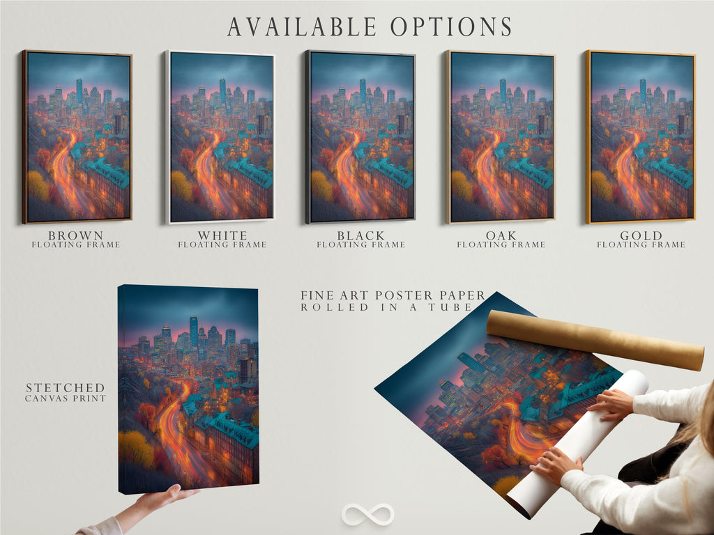 Explore available options including a stretched canvas print. Also a fine art poster paper and a floating frame. The cityscape art features teal and orange city lights. Customize your perfect urban wall art piece.