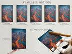 Explore available options including a stretched canvas print. Also a fine art poster paper and a floating frame. The cityscape art features teal and orange city lights. Customize your perfect urban wall art piece.
