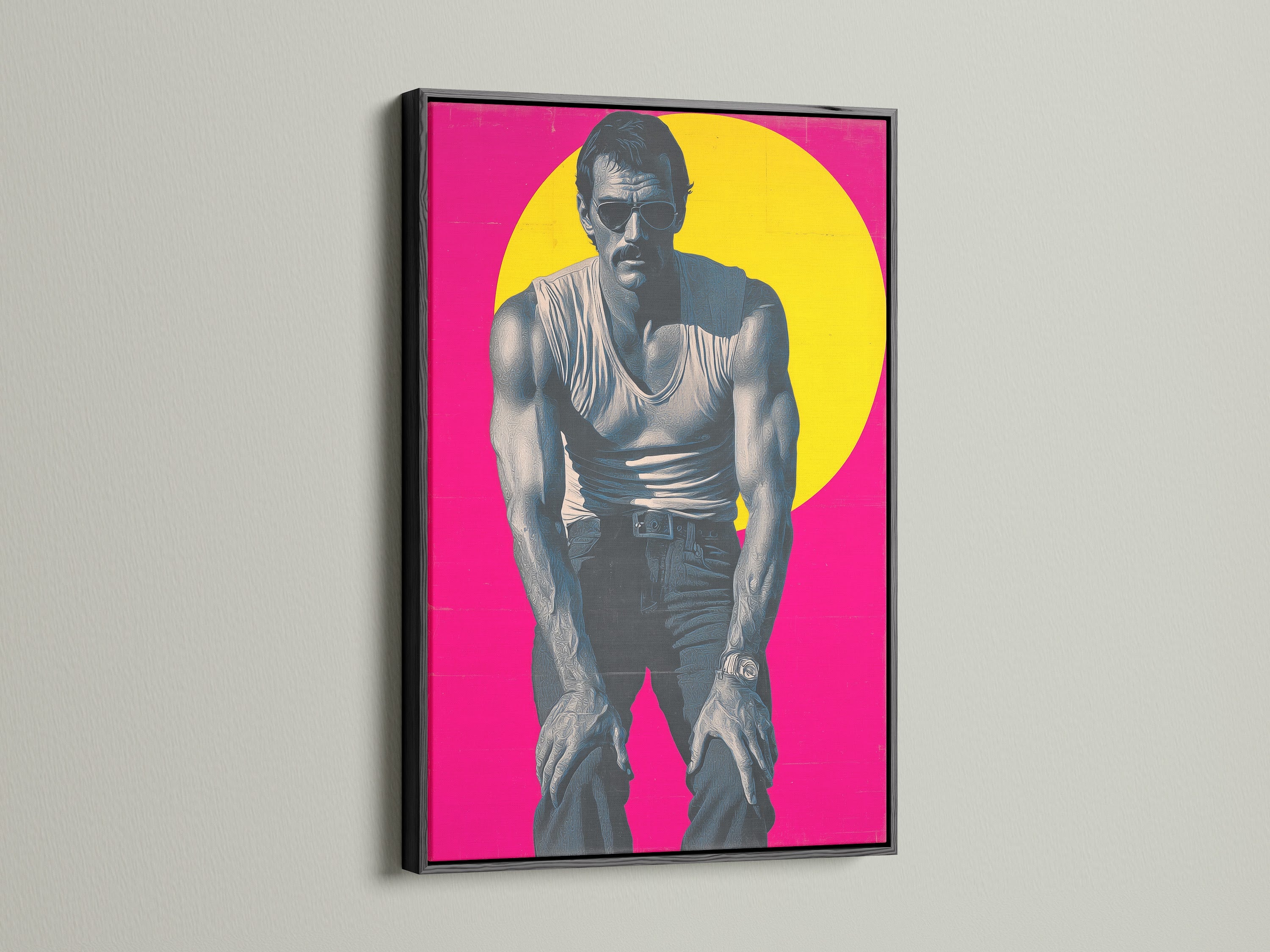 A black frame enhances this pop art portrait canvas print. The retro magenta pink art adds a vintage touch. This poster is perfect for man cave decor and bedroom wall art. The neon pop art style makes it a cool piece for any room.