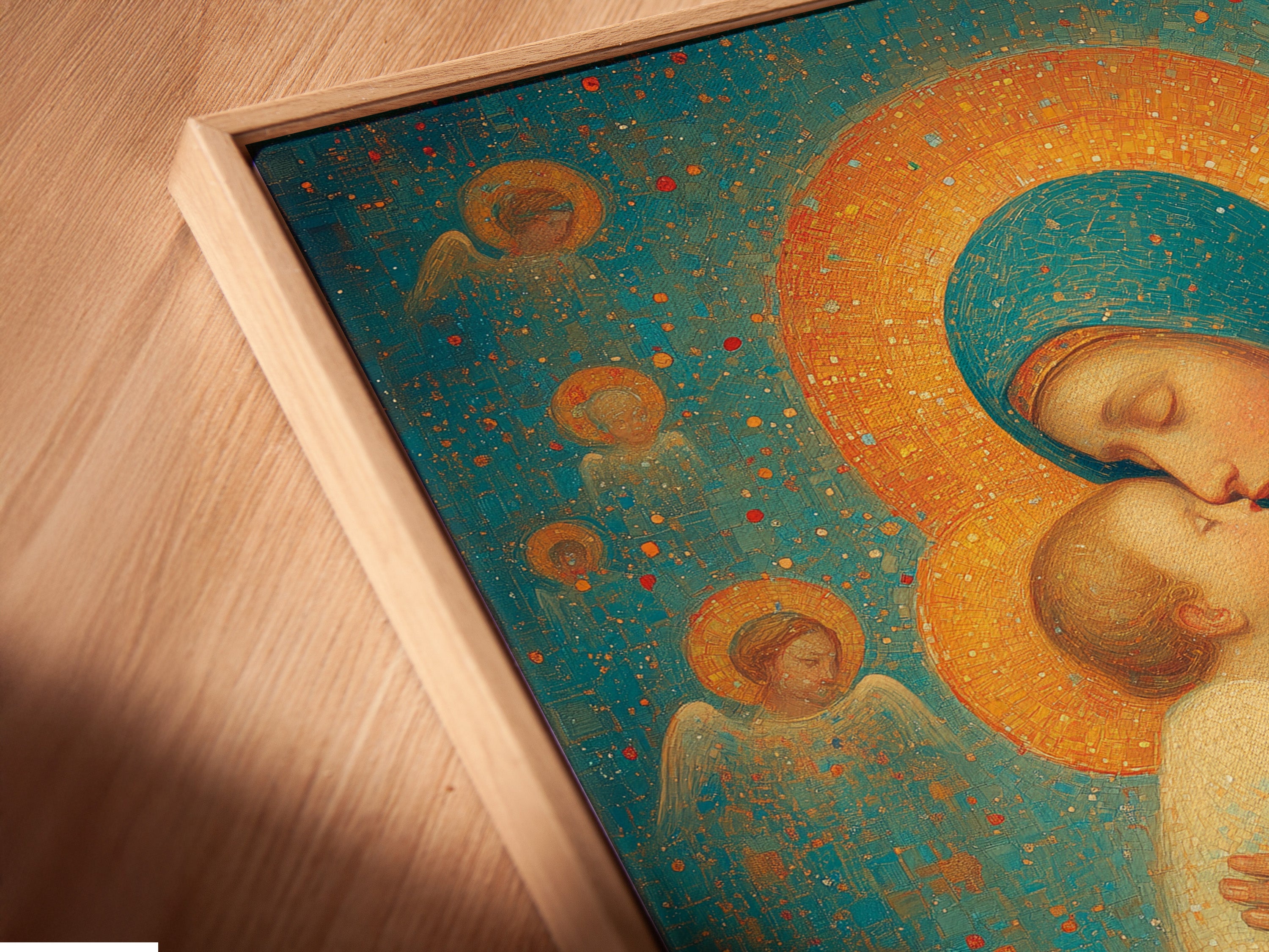 Close-up angled view of a canvas print in a floating frame. The floating frame gives a modern look to the canvas print. See the quality of our canvas prints. Discover the allure of floating frames.