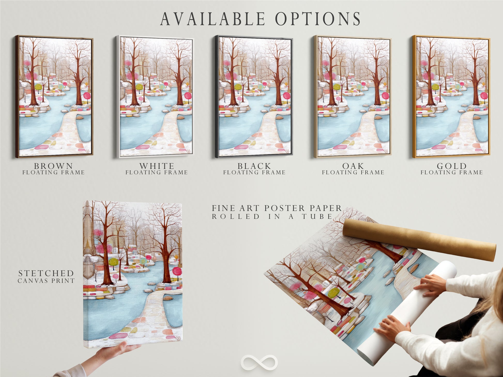 Here are the available options for the Winter Garden artwork. Choose from stretched canvas print fine art poster paper or a floating frame. The pastel color art suits any style. This colorful art print is versatile. Order yours today