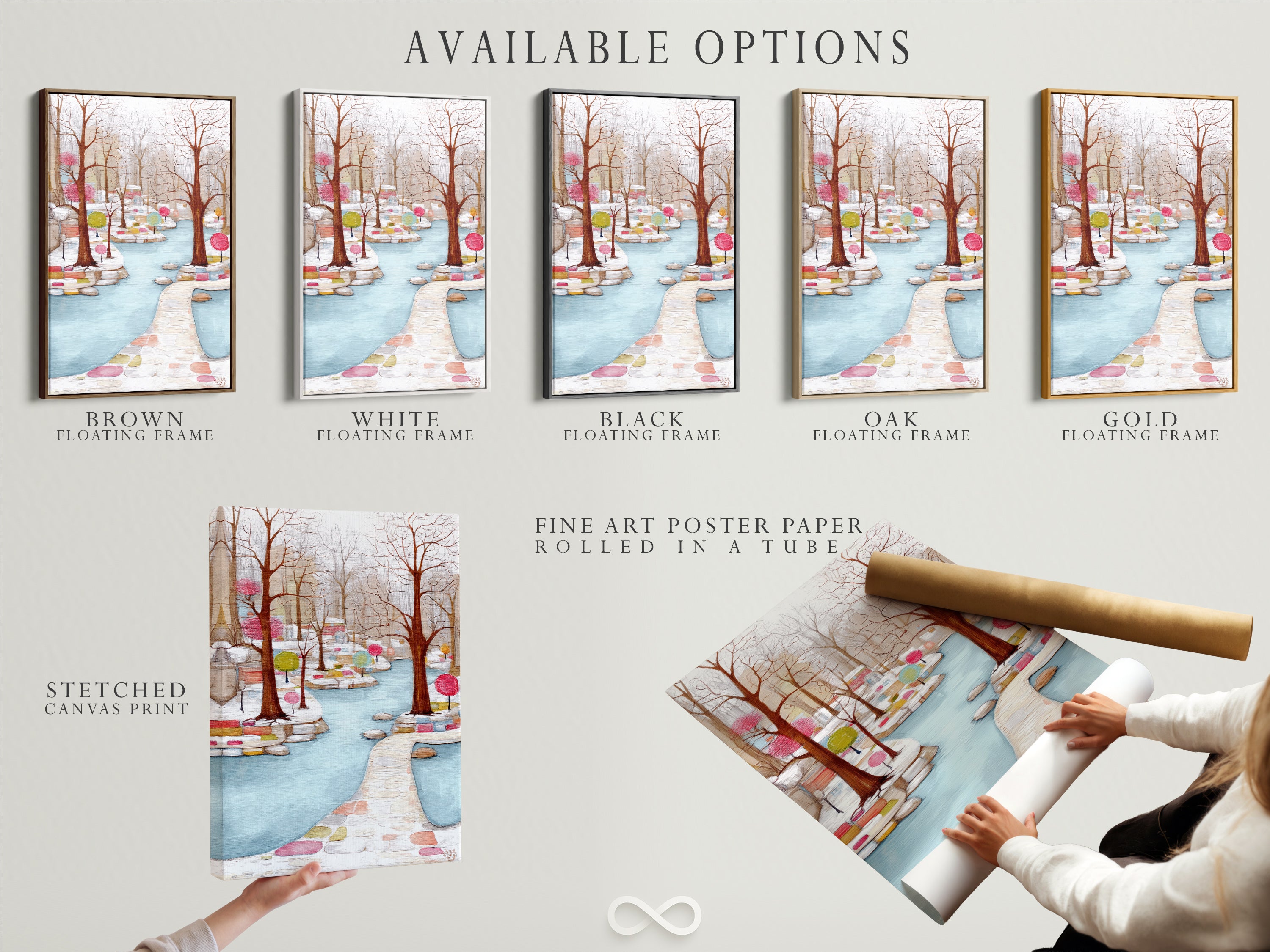 Here are the available options for the Winter Garden artwork. Choose from stretched canvas print fine art poster paper or a floating frame. The pastel color art suits any style. This colorful art print is versatile. Order yours today