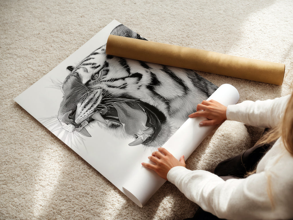 A woman carefully rolls a fine art poster paper. This ensures its protection during shipping. Our fine art posters are printed on high-quality paper. Expect exceptional detail and color vibrancy. Perfect for art enthusiasts seeking museum-quality prints.