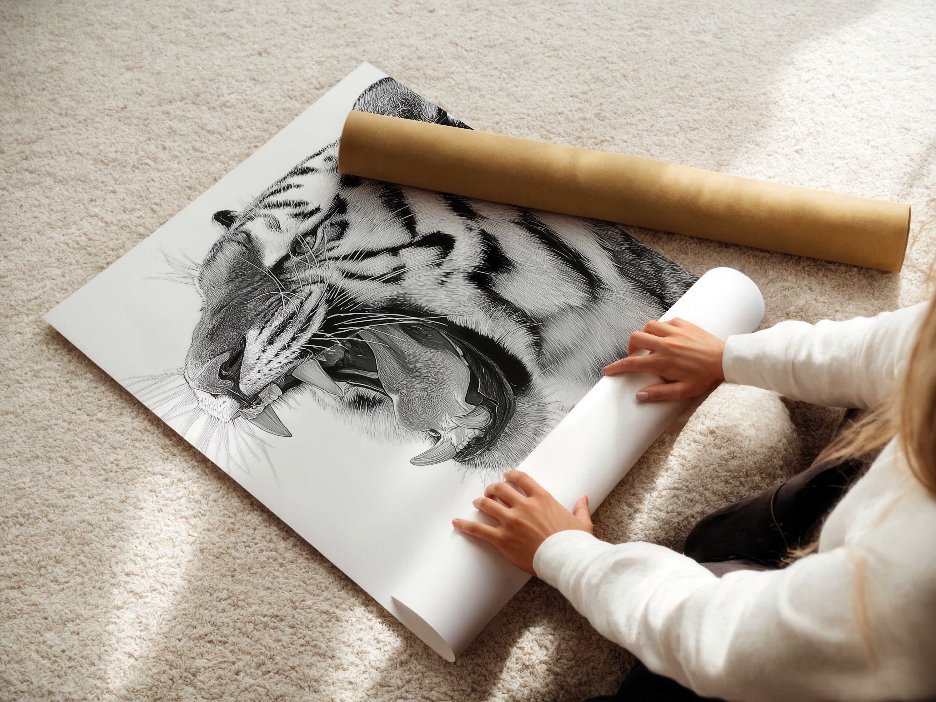 A woman carefully rolls a fine art poster paper. This ensures its protection during shipping. Our fine art posters are printed on high-quality paper. Expect exceptional detail and color vibrancy. Perfect for art enthusiasts seeking museum-quality prints.