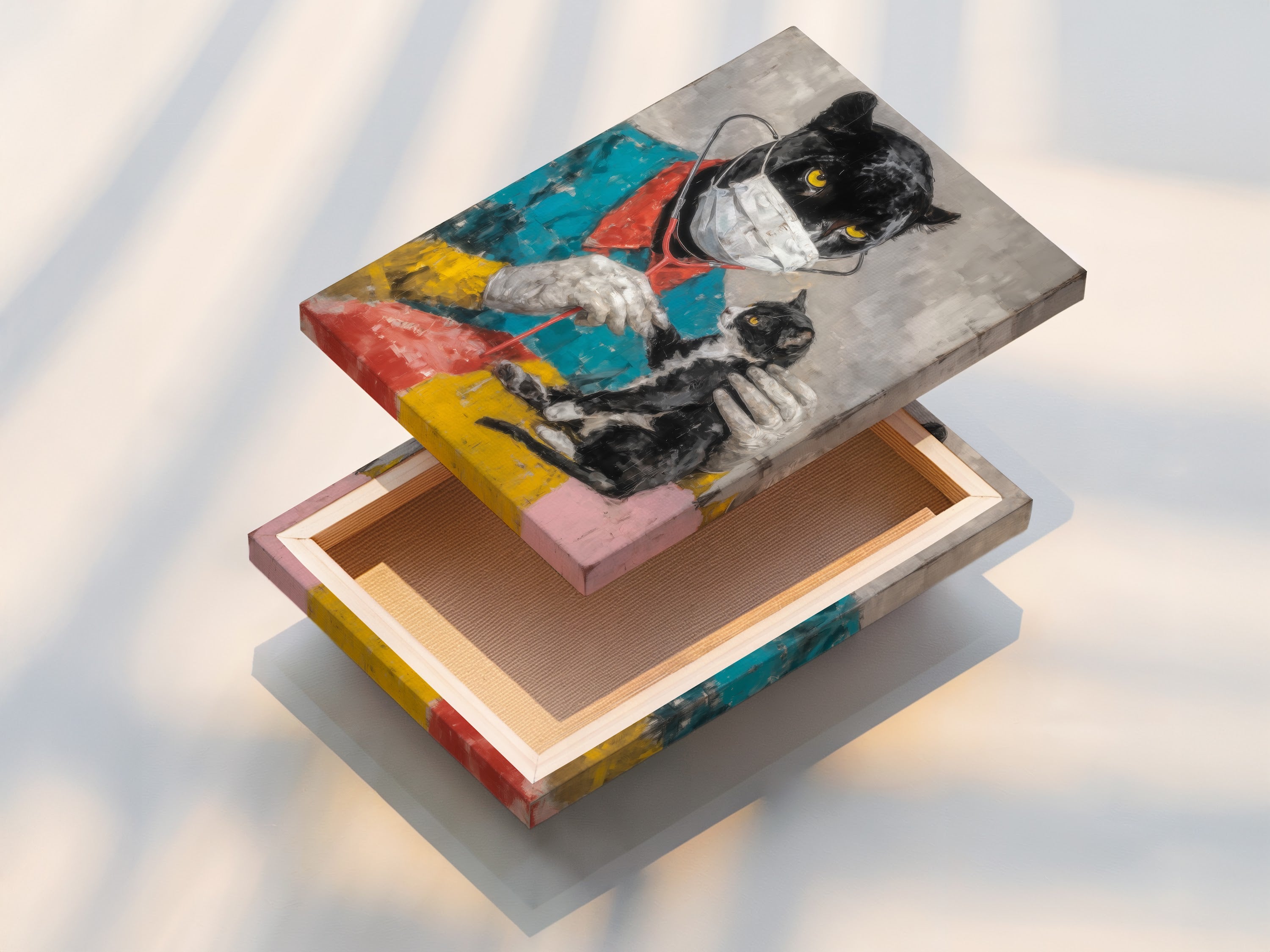 This is a stretched canvas print of the Panther Doctor artwork. It is ready to hang and display. This contemporary art enhances any vet clinic or medical office with its unique style.