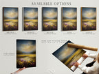 Available options include a stretched canvas print fine art poster paper and floating frame. Each option showcases the golden meadow artwork. Choose the perfect format to match your style and decor needs. Transform your space today.