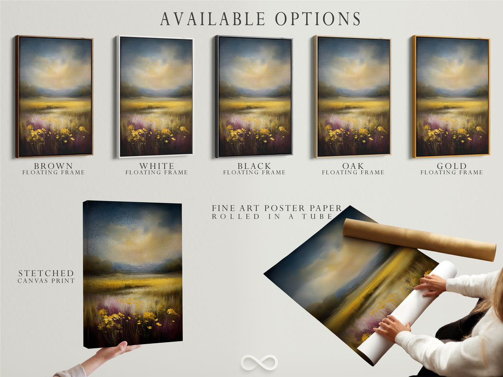Available options for the Golden Field artwork include a stretched canvas print fine art poster paper and floating frame. The artwork is perfect for adding a rustic touch to your decor. Ideal for homeowners renters and business owners seeking minimalist Scandinavian or farmhouse styles.