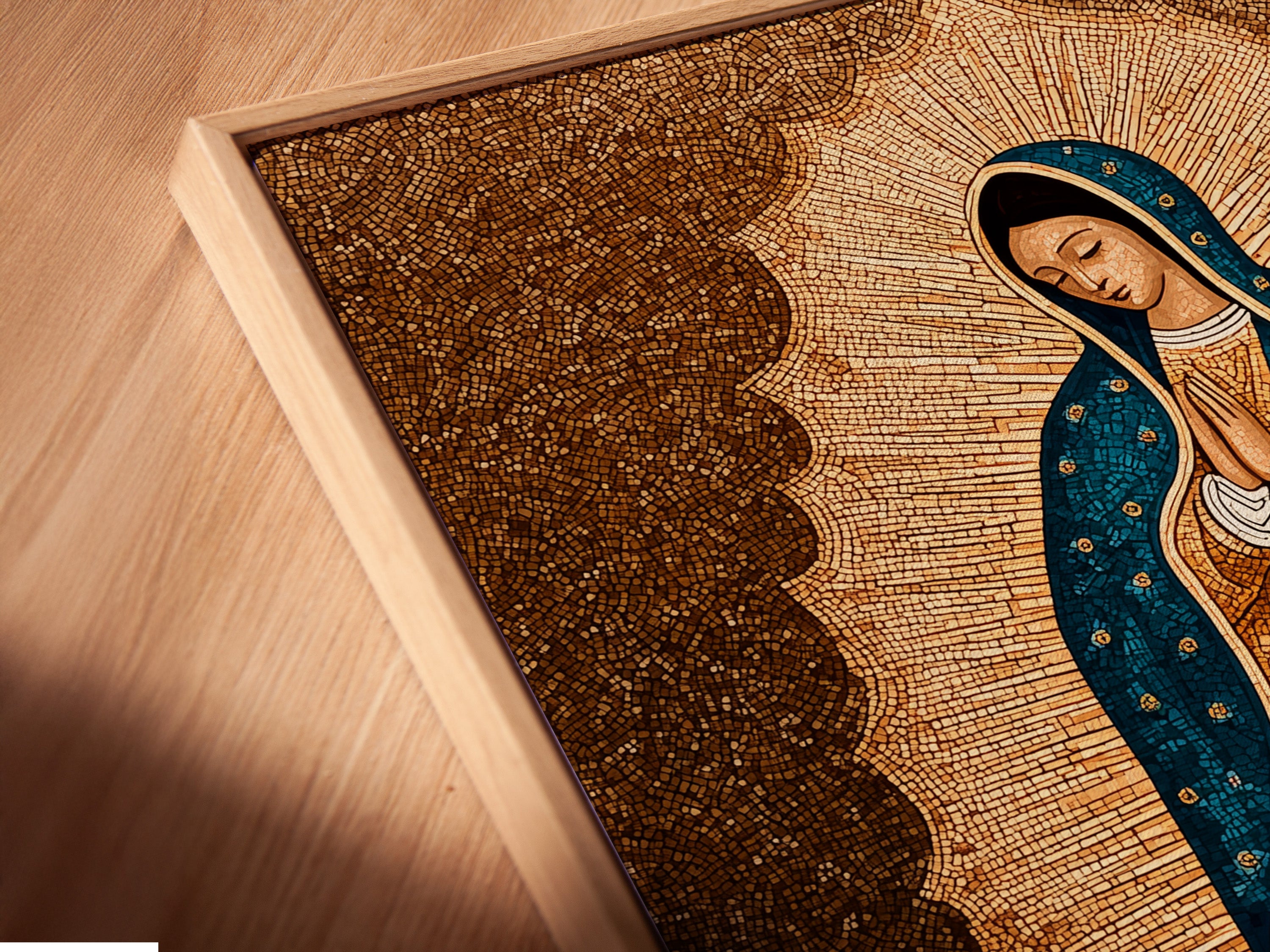A close-up angle shows a canvas print in a floating frame. The Virgin Mary art is beautifully displayed. This adds depth to the religious wall art. The Our Lady of Guadalupe print is a sacred art piece. Perfect for Catholic home decor and spiritual reflection.