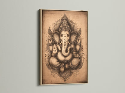 Close up of Ganesha Wall Art in an oak frame. This Hindu canvas print brings a spiritual touch to any space. The Elephant God artwork is ideal for meditation room decor or a yoga studio. A beautiful piece.