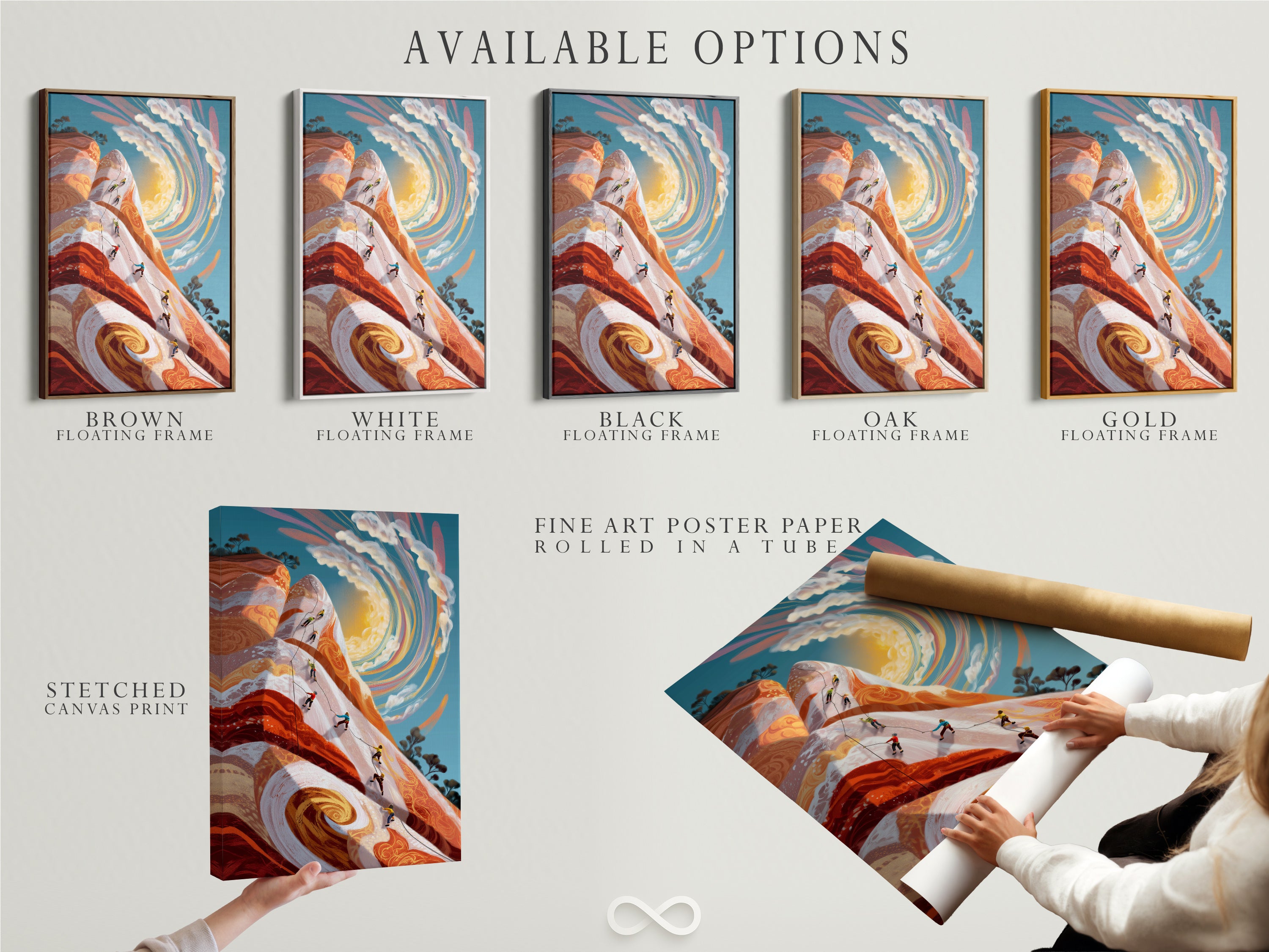 Explore the available options for this mountain climbing artwork. Choose from a stretched canvas print fine art poster paper or a floating frame. This adventure print is perfect for any space. It serves as a gift for climbers and fitness enthusiasts.