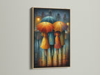The Rainy City canvas print is showcased in an oak frame. This modern artwork adds urban sophistication to any space. The umbrella print brings a touch of color and mood. Ideal for living rooms or offices.