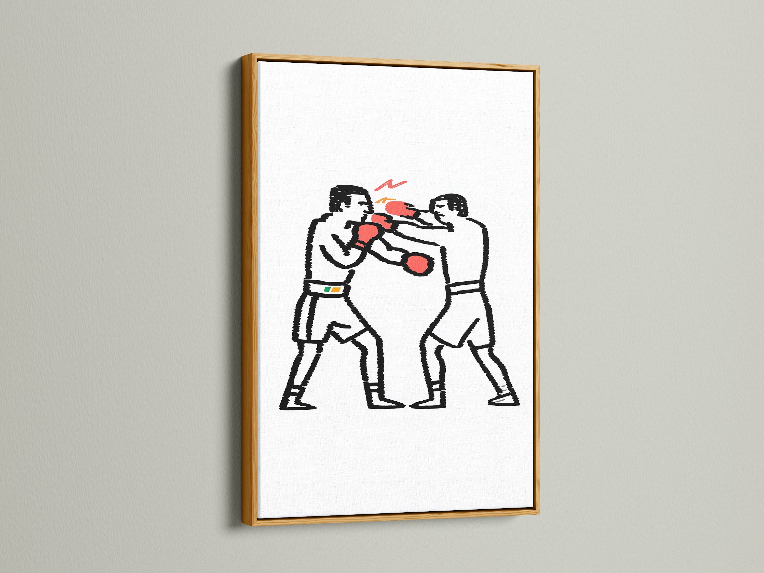 Boxing match art with a gold frame. This minimalist sport artwork features two boxers with red gloves. The gold frame adds a touch of luxury. Perfect for a home gym or living room. It's a unique gift for boxers and sports fans.
