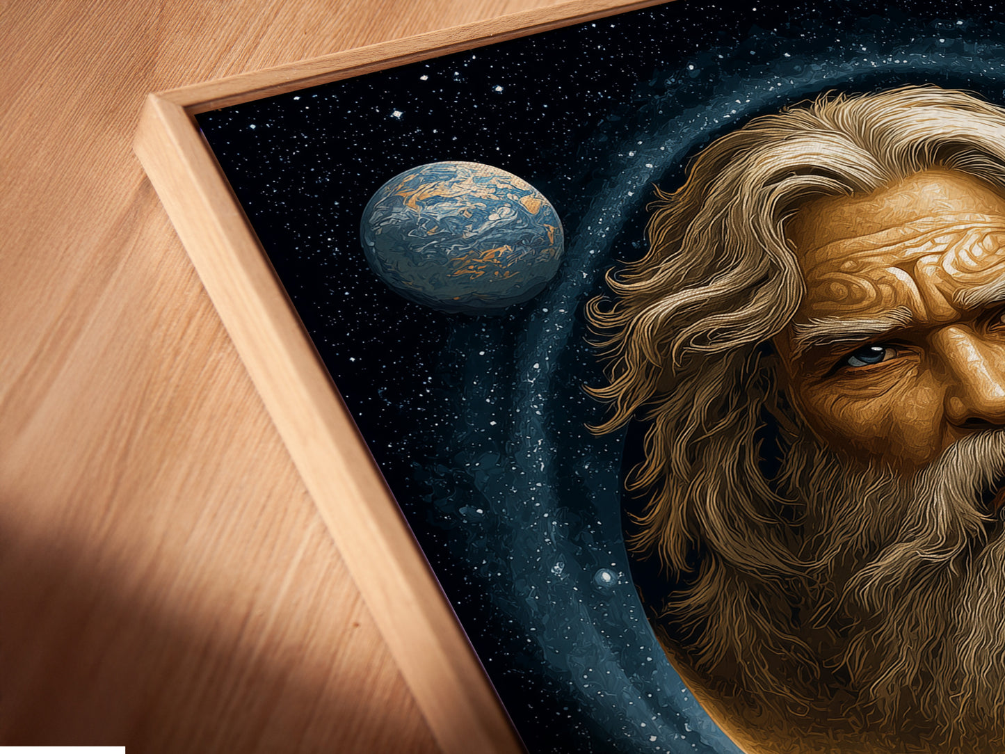A close-up of a canvas print in a floating frame. The cosmic portrait wall art showcases a celestial man in the moon. This surreal space canvas print will add a mystical feel to your home. Great for Living Rooms Offices Meditation Rooms studios lobbies and wellness centers.