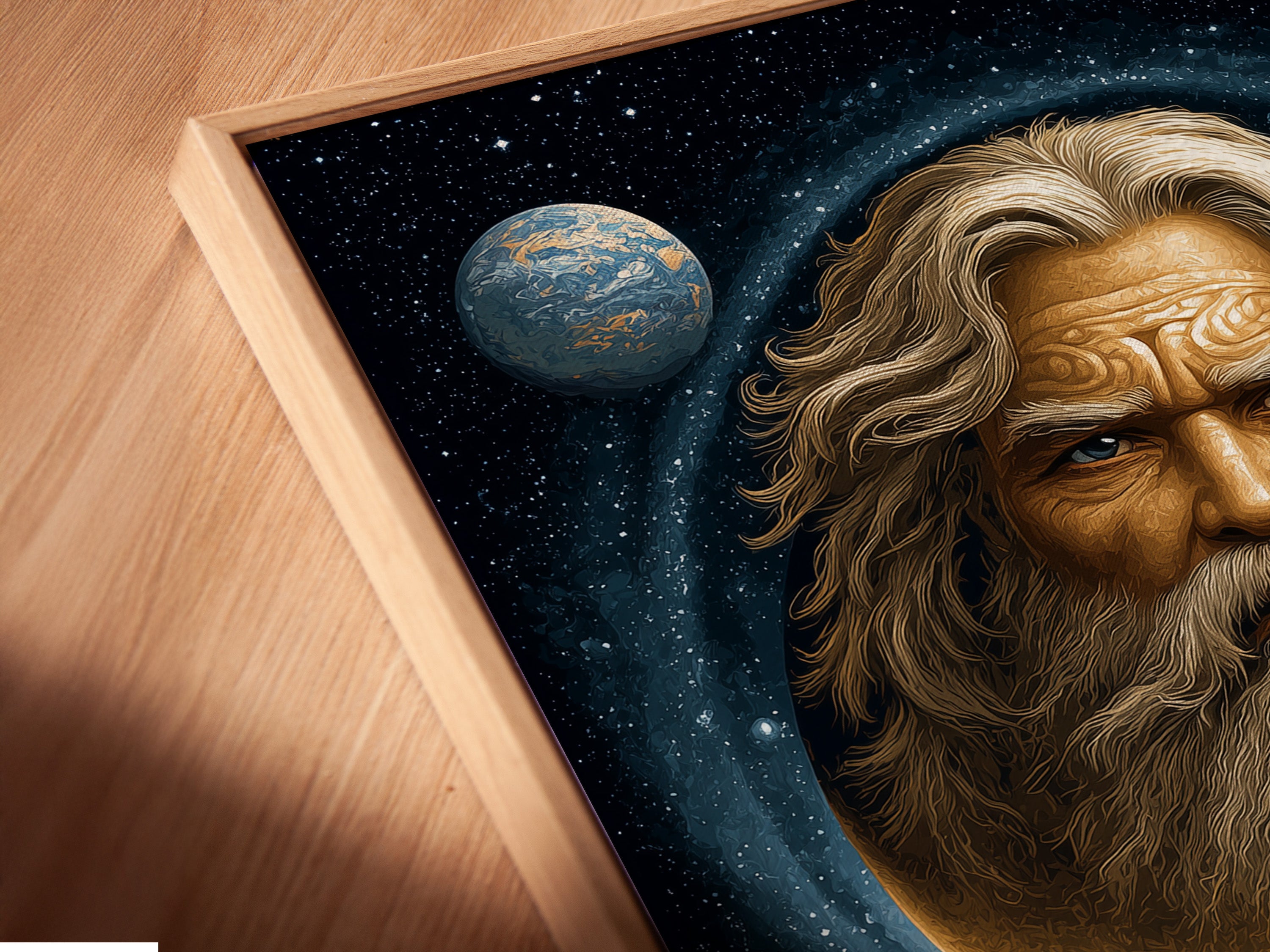 A close-up of a canvas print in a floating frame. The cosmic portrait wall art showcases a celestial man in the moon. This surreal space canvas print will add a mystical feel to your home. Great for Living Rooms Offices Meditation Rooms studios lobbies and wellness centers.