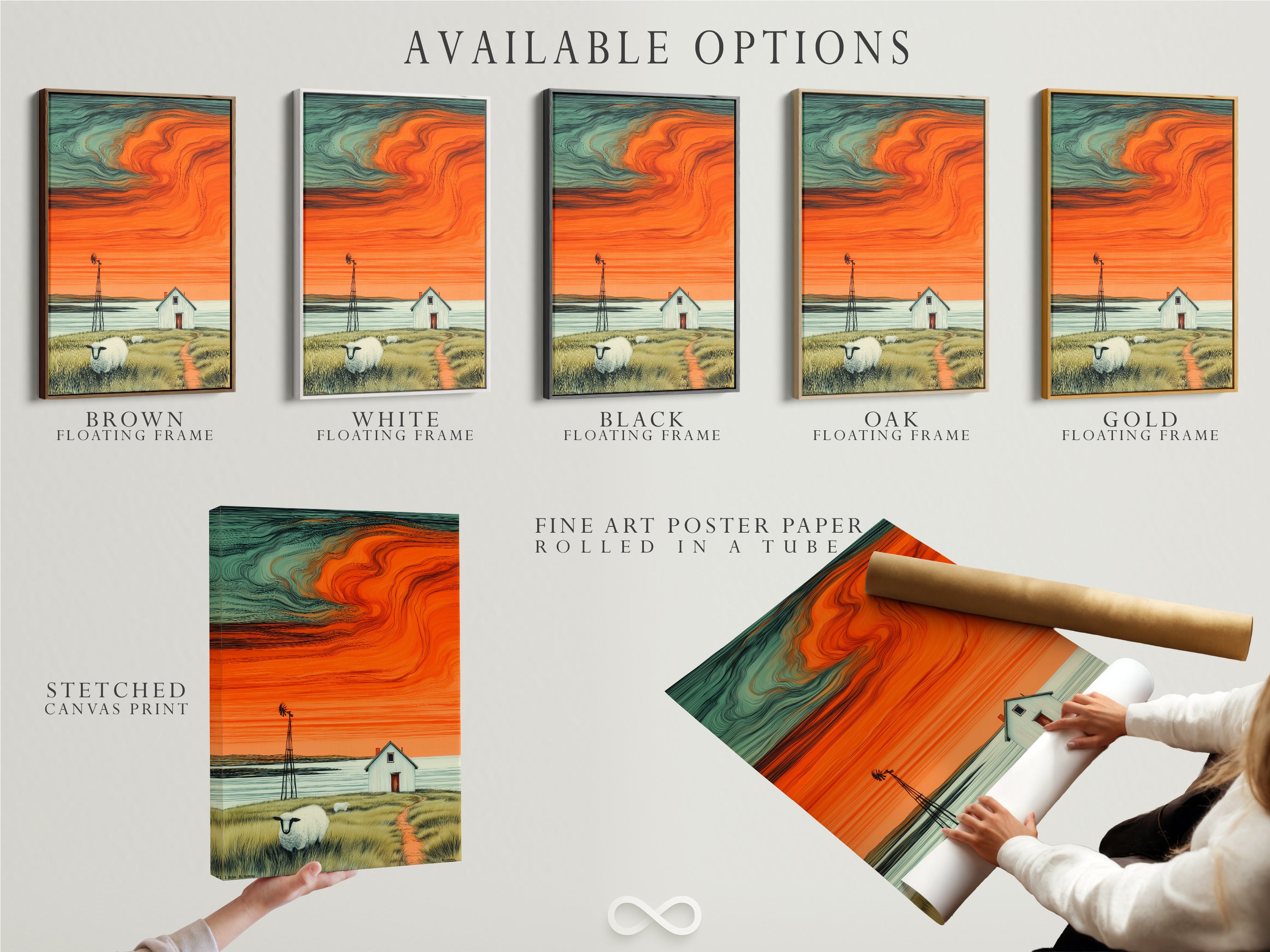 Available options include a stretched canvas print fine art poster paper and a floating frame. The farmhouse landscape artwork shows sheep a windmill a house and a sunset. These options offer versatile display choices. They suit any decor style and preference.