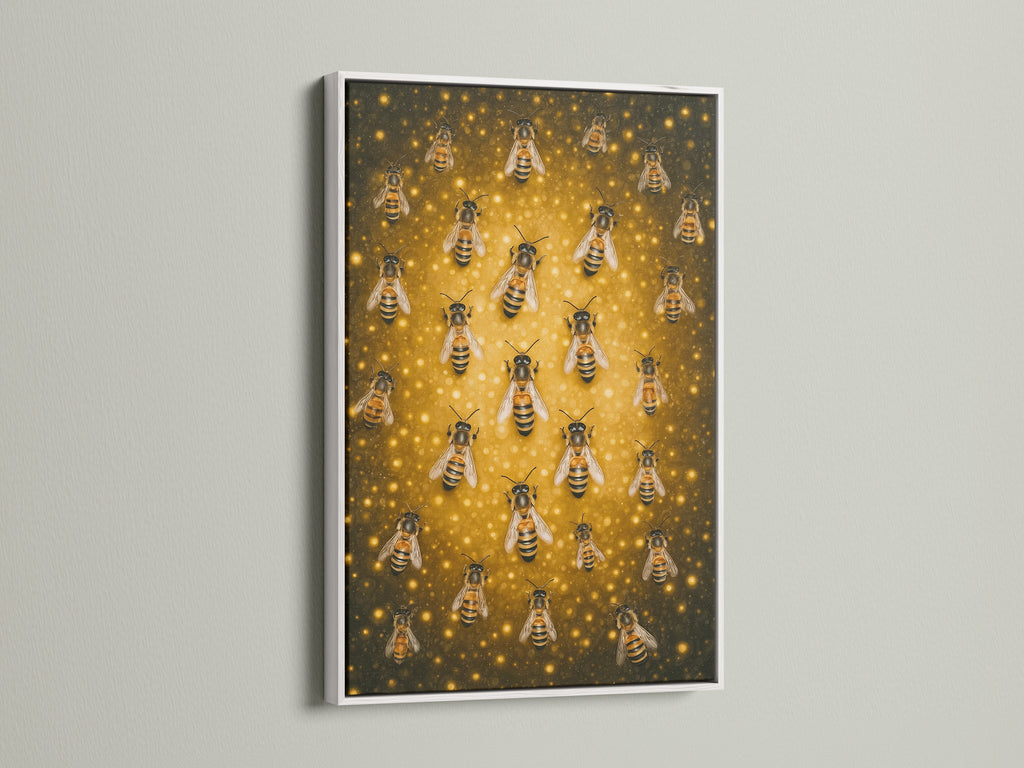 A honey bee artwork is displayed in a white frame. The artwork offers a clean and crisp look. Perfect for contemporary spaces. The frame enhances the artwork's intricate details. This framed canvas print is versatile for any room.