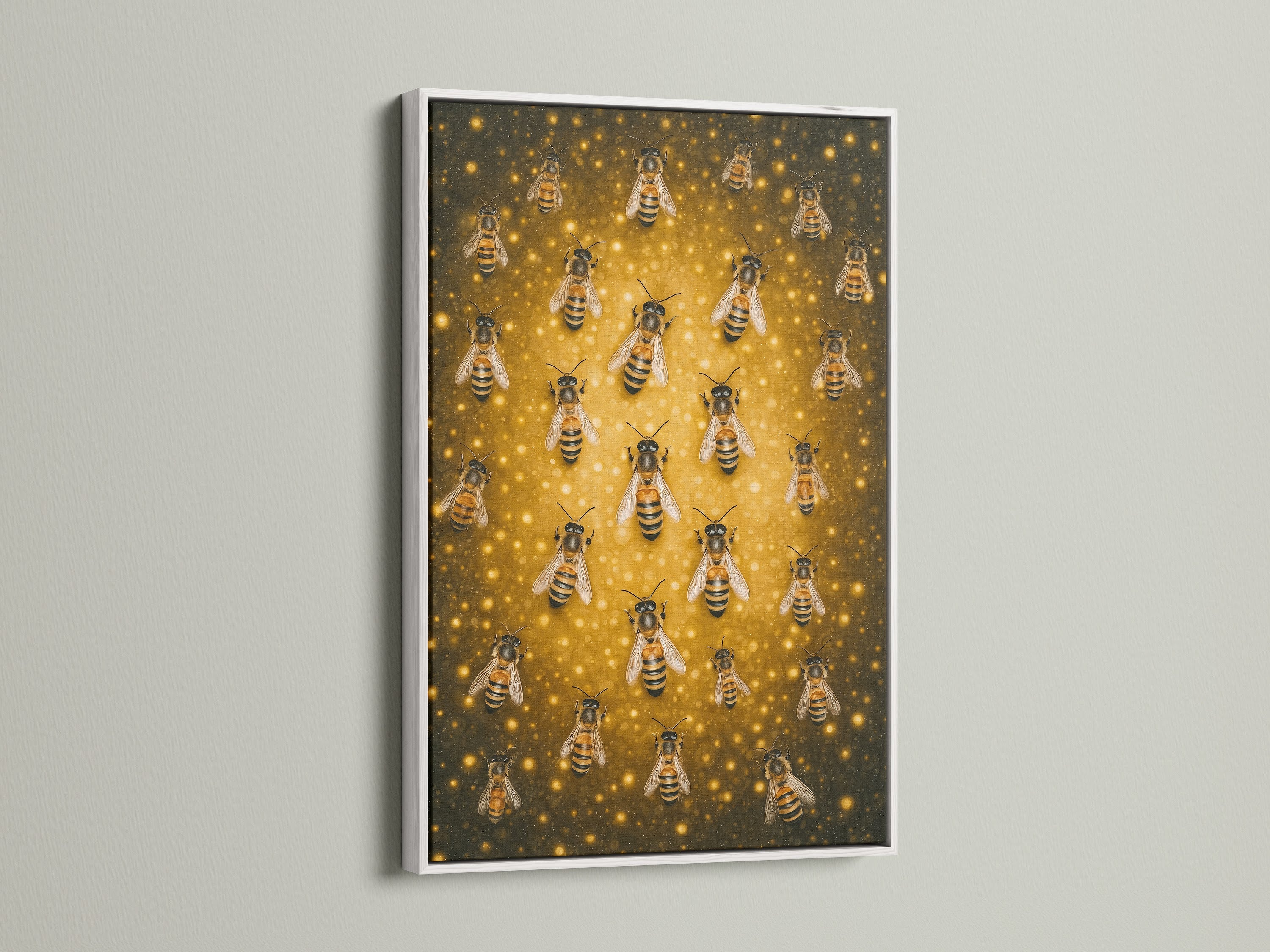 A honey bee artwork is displayed in a white frame. The artwork offers a clean and crisp look. Perfect for contemporary spaces. The frame enhances the artwork's intricate details. This framed canvas print is versatile for any room.