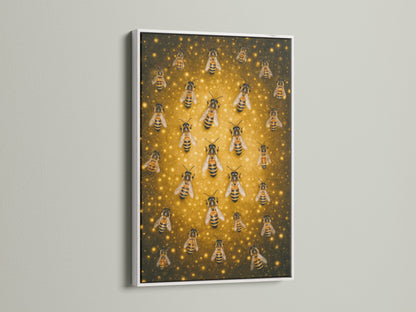 A white frame showcases the Beehive Canvas Print. It's a stunning piece of insect wall art. This golden decor complements farmhouse or country aesthetics. It's a unique apiculture print. This is a great honey lover gift.