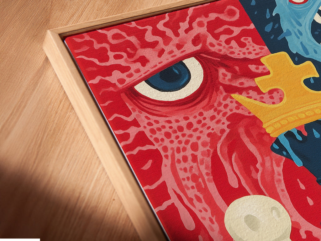 A close-up of a chess canvas print in a floating frame. The monster game art seems to float on the wall. See the detailed craftsmanship of this geeky artwork. Perfect for adding a modern touch to any room.
