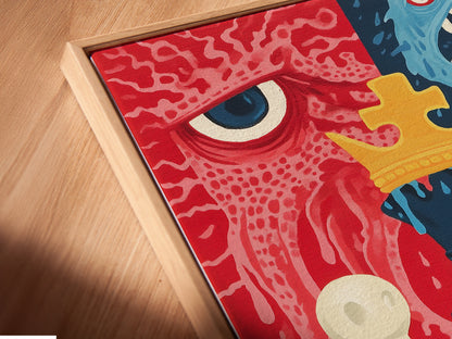 A close-up of a chess canvas print in a floating frame. The monster game art seems to float on the wall. See the detailed craftsmanship of this geeky artwork. Perfect for adding a modern touch to any room.