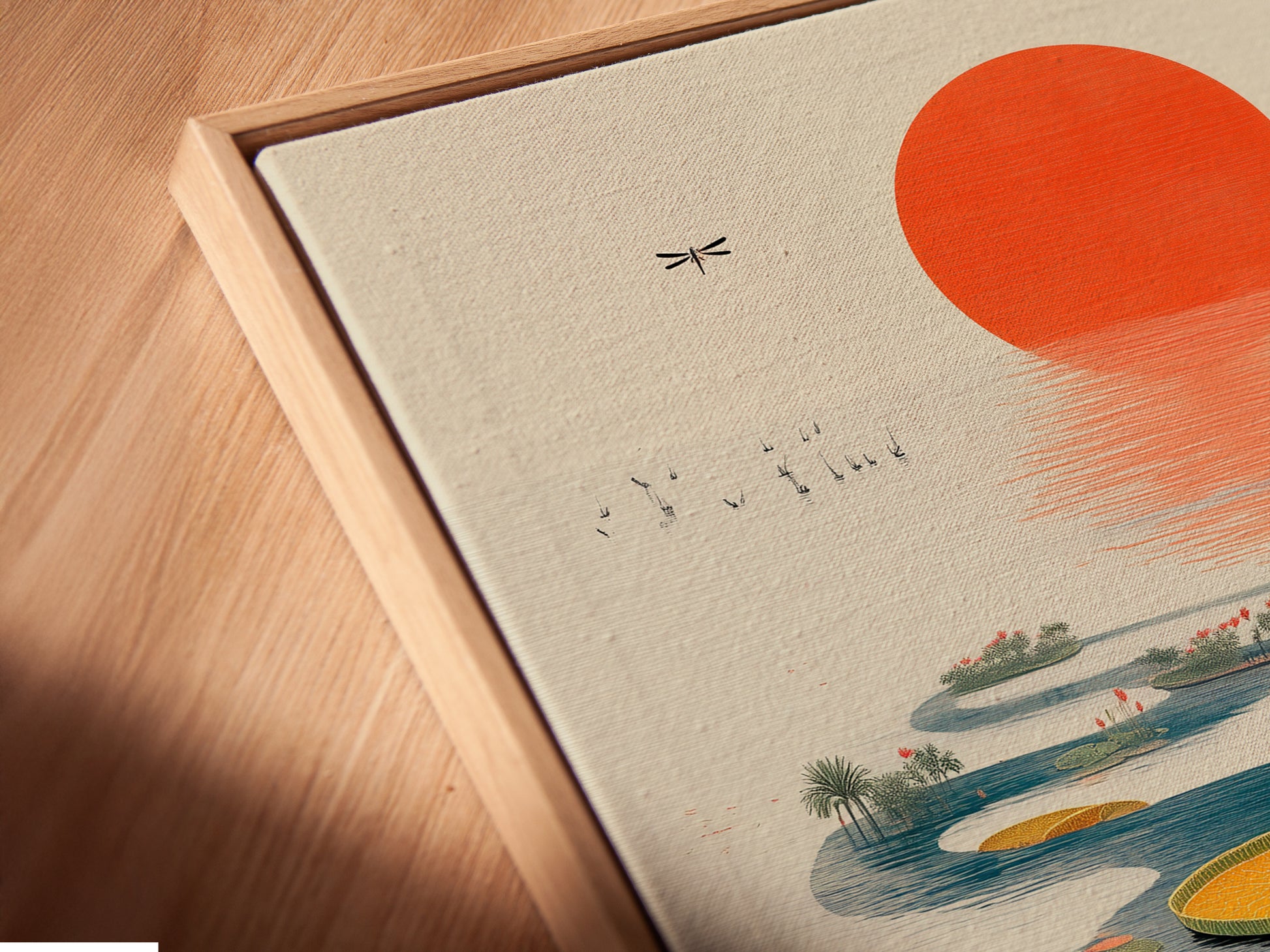 Close-up of the Asian Tea Ceremony canvas print in a floating frame. This oriental artwork showcases a serene lotus pond. The floating frame enhances the artwork's modern appeal. The print adds a touch of tranquility to any interior. Perfect for creating a calming atmosphere in your home.