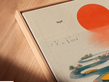 Close-up of the Asian Tea Ceremony canvas print in a floating frame. This oriental artwork showcases a serene lotus pond. The floating frame enhances the artwork's modern appeal. The print adds a touch of tranquility to any interior. Perfect for creating a calming atmosphere in your home.