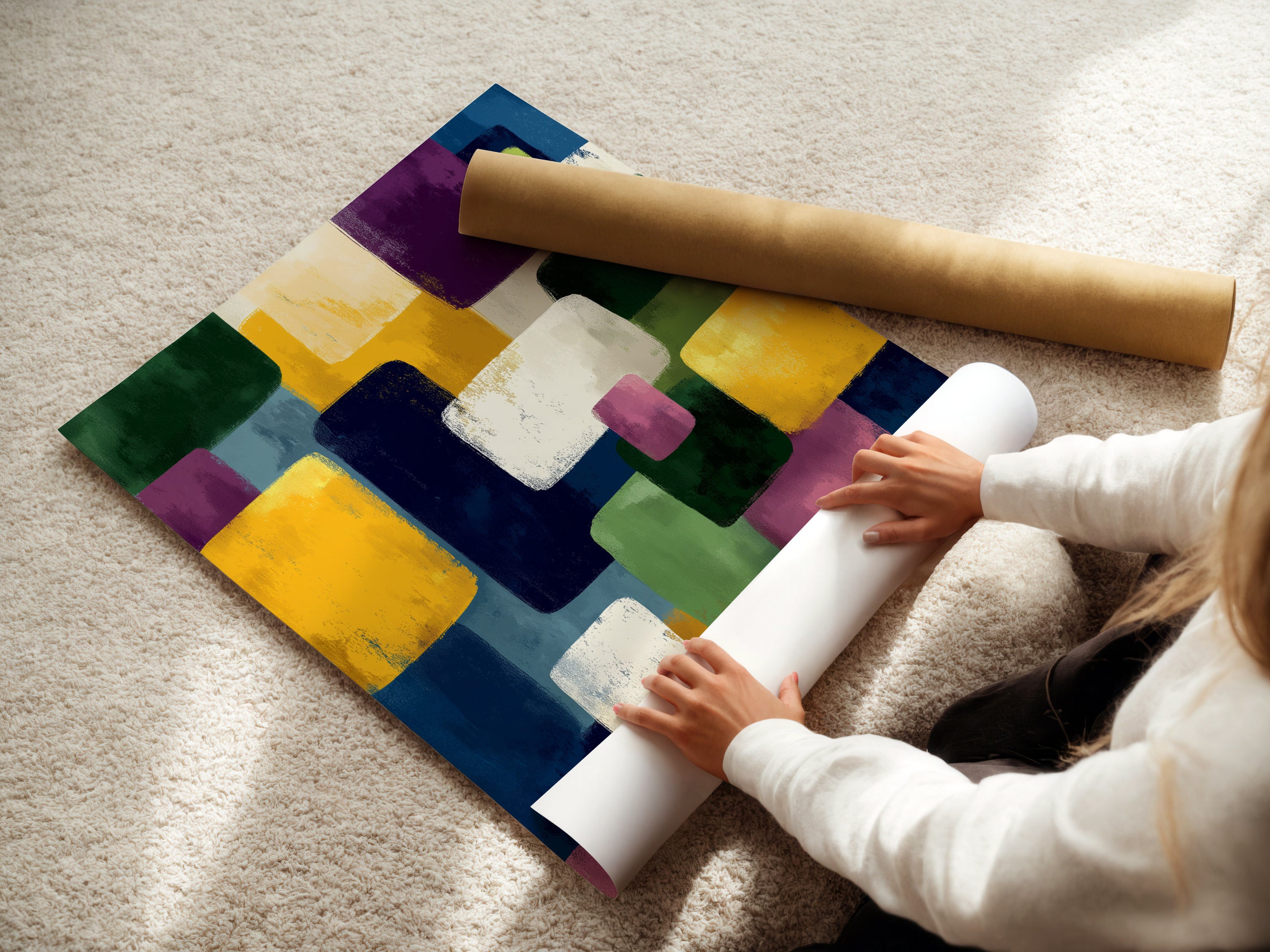 A woman is rolling a fine art poster paper. The poster features abstract geometric artwork with colorful shapes. Get high-quality prints for modern wall decor. Perfect for contemporary spaces and art lovers.