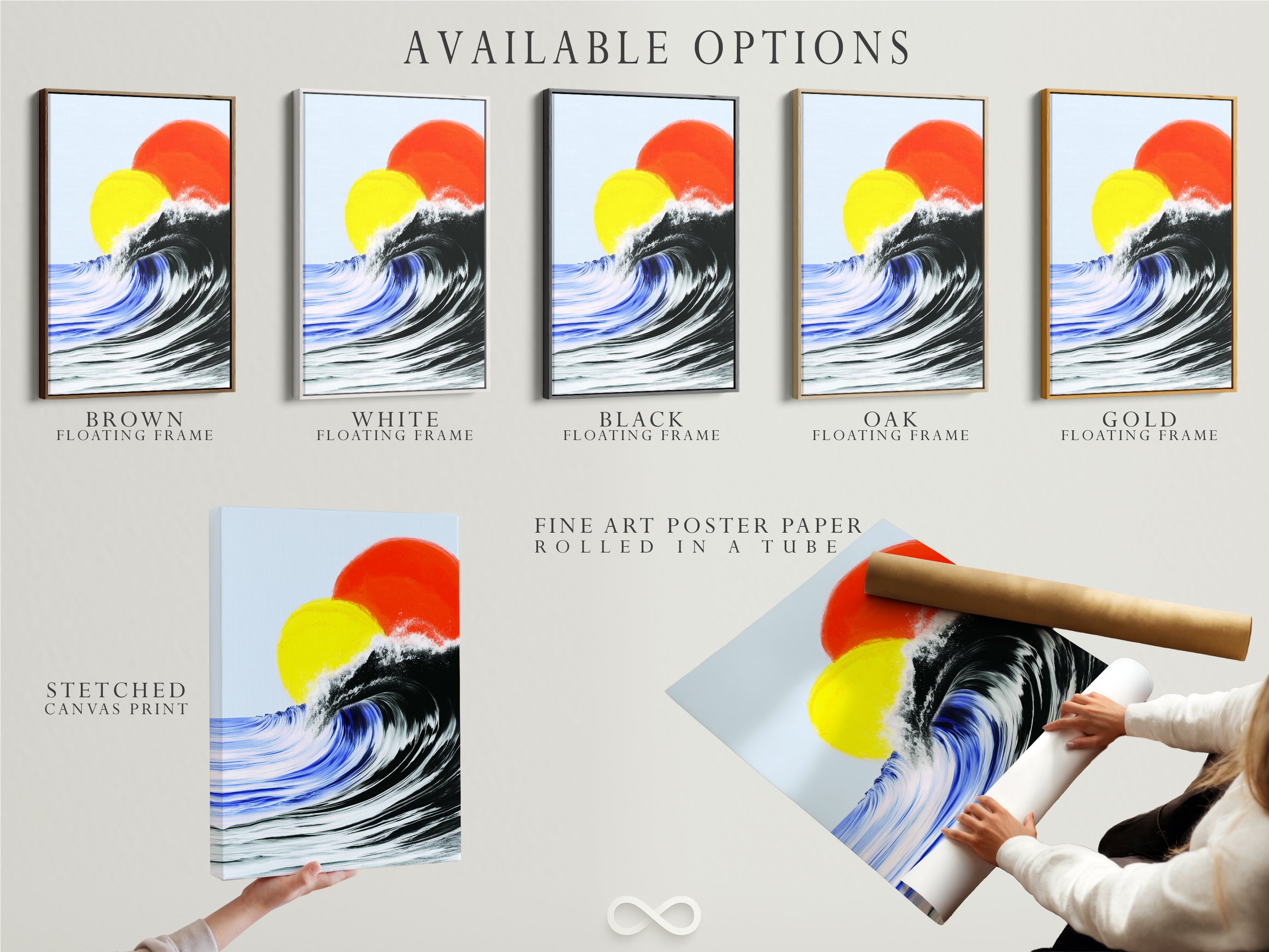 Here are the available options: stretched canvas print fine art poster paper and floating frame. The ocean wave art is a colorful surf art piece. This modern beach wall art will look great. Get coastal decor for your house.