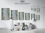 A size comparison chart in an interior setting. It shows various sizes of abstract tree artwork. The chart helps visualize the art in different spaces. Perfect for planning your wall decor.