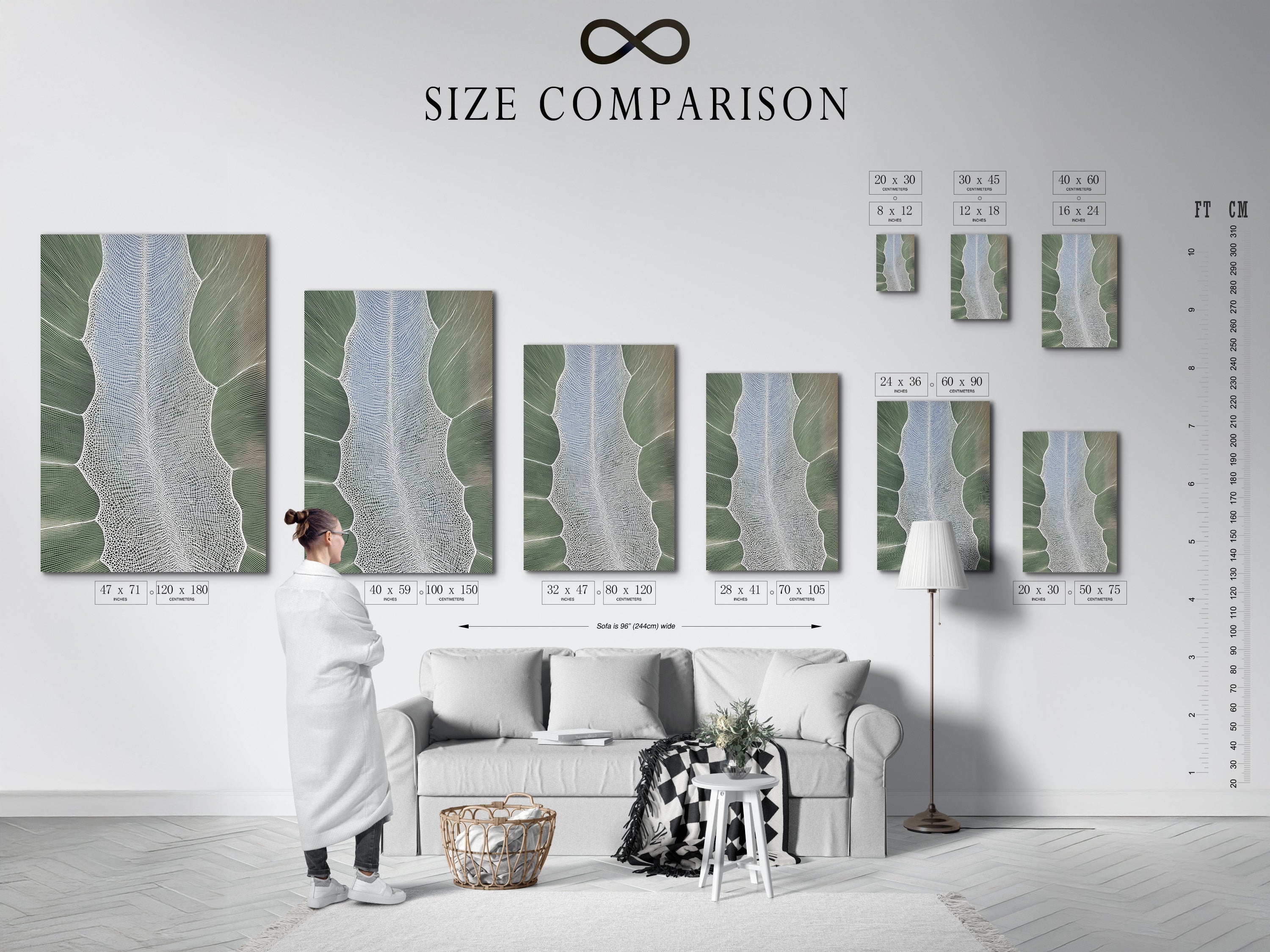 A size comparison chart in an interior setting. It shows various sizes of abstract tree artwork. The chart helps visualize the art in different spaces. Perfect for planning your wall decor.