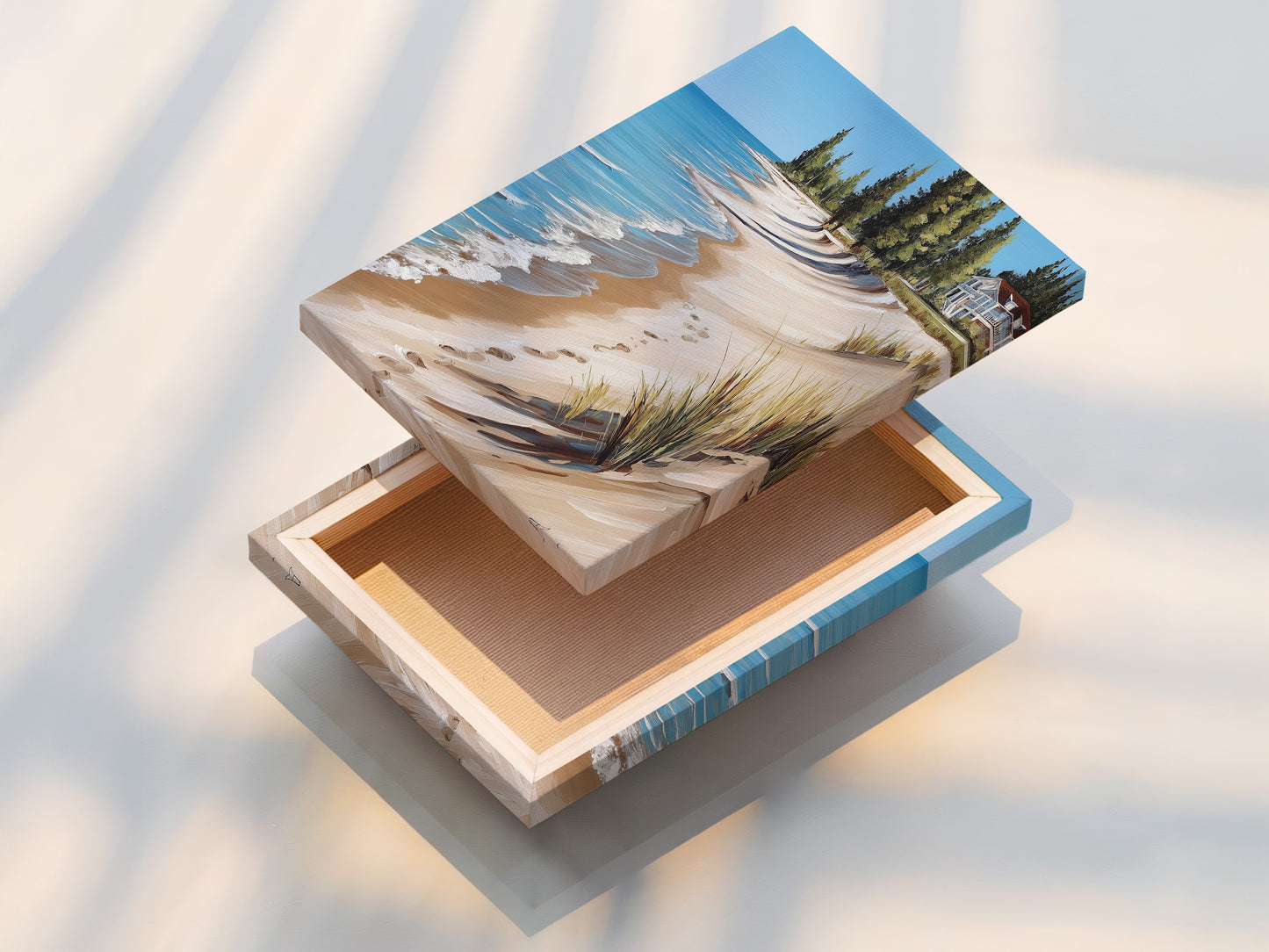 Stretched Canvas Print of Coastal Beach House Artwork. This artwork features a vivid ocean view with a sandy shoreline. Ready to hang and enjoy in any coastal themed space. A great choice for ocean art.