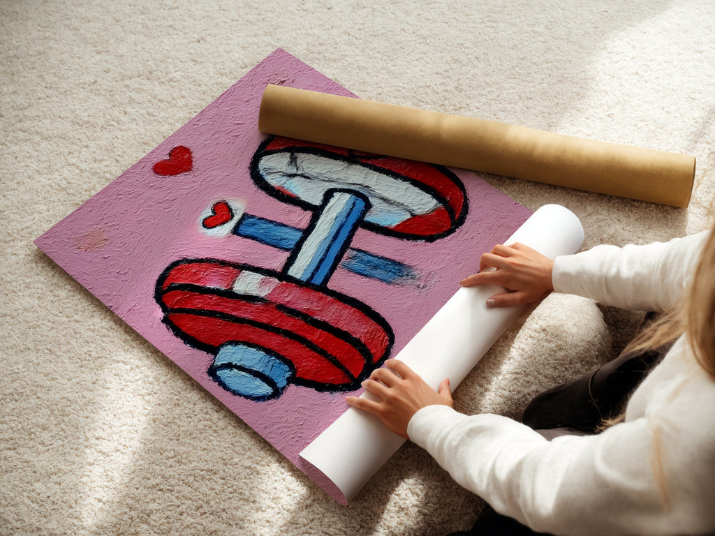 A woman is carefully rolling a fine art poster paper print of dumbbell artwork. This fitness motivation wall art is printed on high-quality paper. Ideal for gym wall decor. Get your workout decor ready with this art piece. Perfect for a fitness studio.